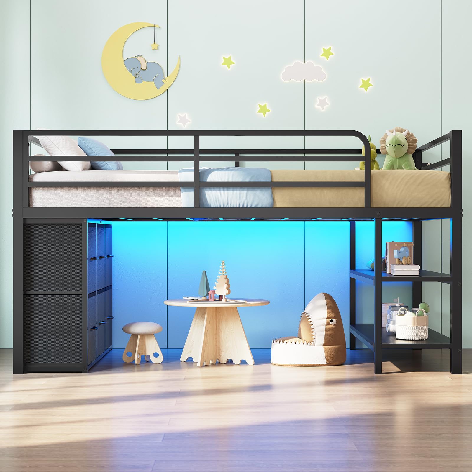 ADORNEVE Low Loft Bed Twin Size with 6 Storage Drawers, Twin Loft Bed with LED Lights, Metal Kids Loft Bed with Open Storage Shelves, Twin Bed Frame with 15" H Safety Guardrail for Kids, Black