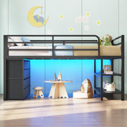 Twin Low Loft Bed with LED Lights & Storage Drawers