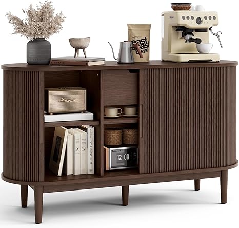 Sideboard Buffet Cabinet with Tambour Sliding Doors and Drawer, 55"