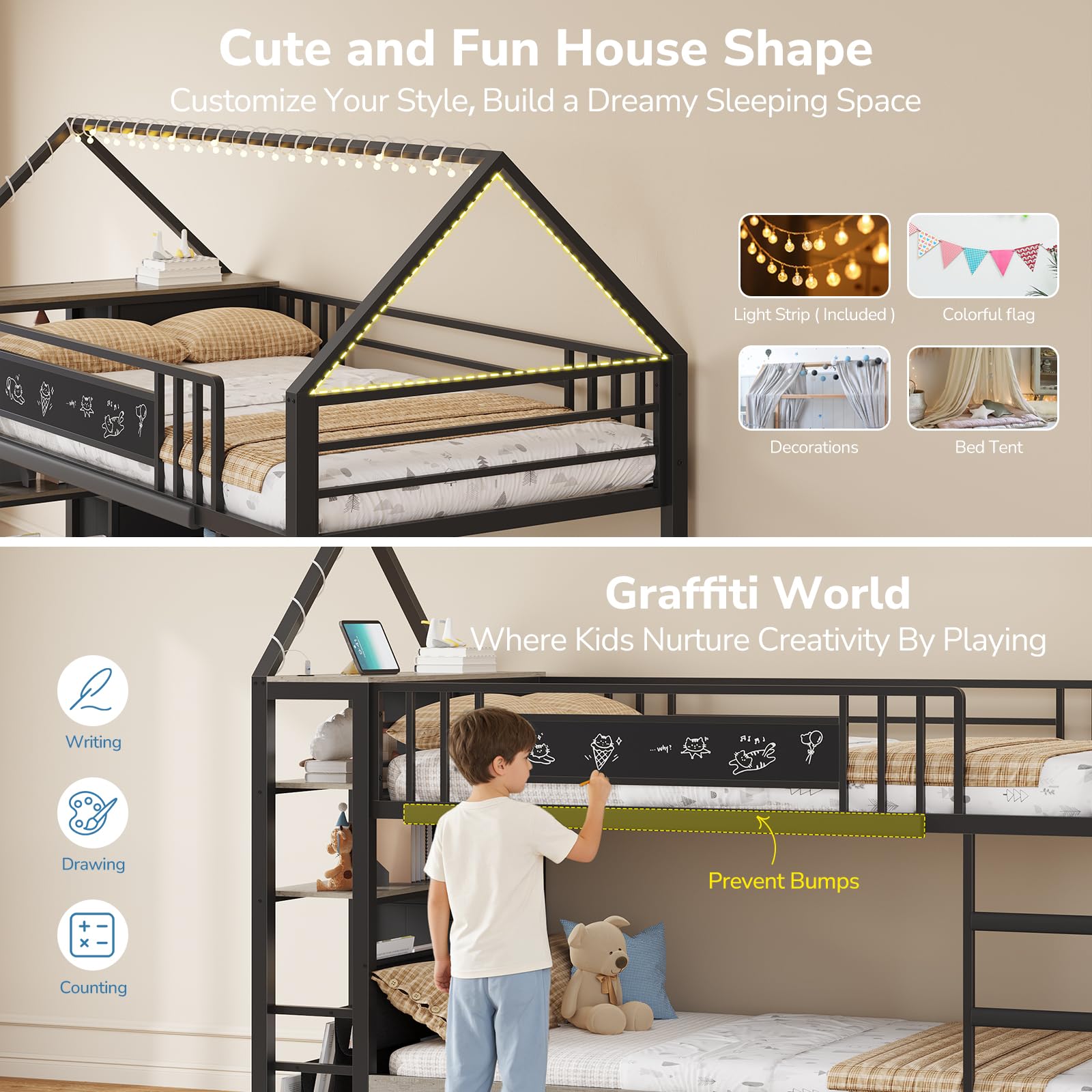 House-Shaped Twin Bunk Bed with Storage Drawers & String Lights