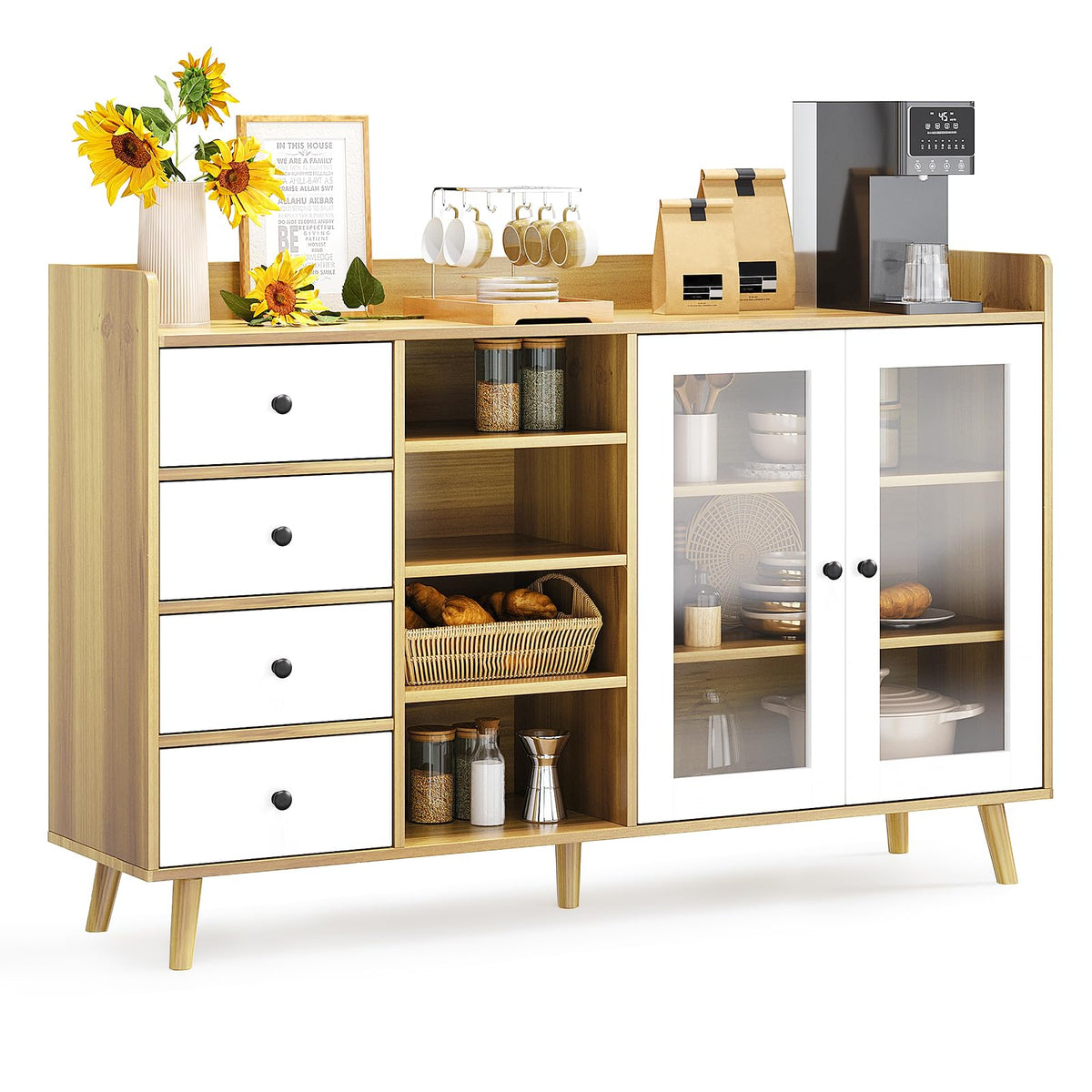 Amenitlif Buffet Cabinet with Storage,Farmhouse Kitchen Coffee Wine Bar Cabinet with 2 Glass Doors&Adjustable Shelves, Mid Century Modern Wood Side Board Table for Dining Room, Living Room