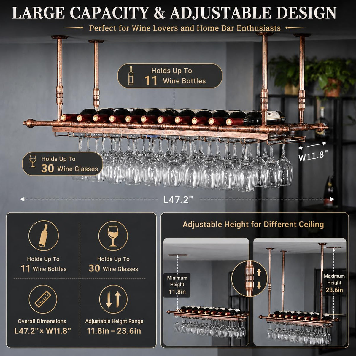 KaKaBB Ceiling Wine Glass Rack, Hanging Wine Rack with Glass Holder and Shelf, Height Adjustable Metal Wine Bottle Holder for Bar Kitchen