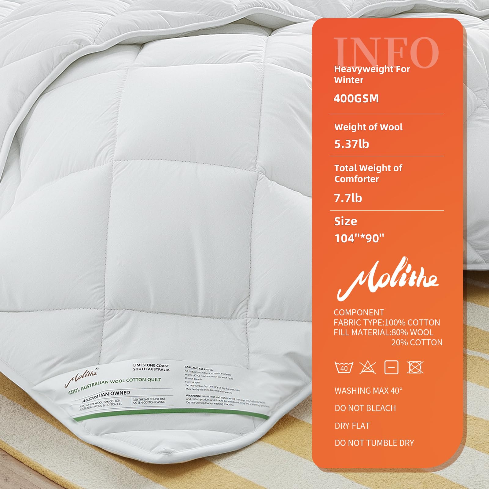 Molithe Duvet Insert 100% Cotton Comforter Shell Winter Heavyweight, Australian Wool Cotton Filling, Noiseless Temperature Regulation Breathable Comfortable Wool Bedding for Luxurious Sleep King