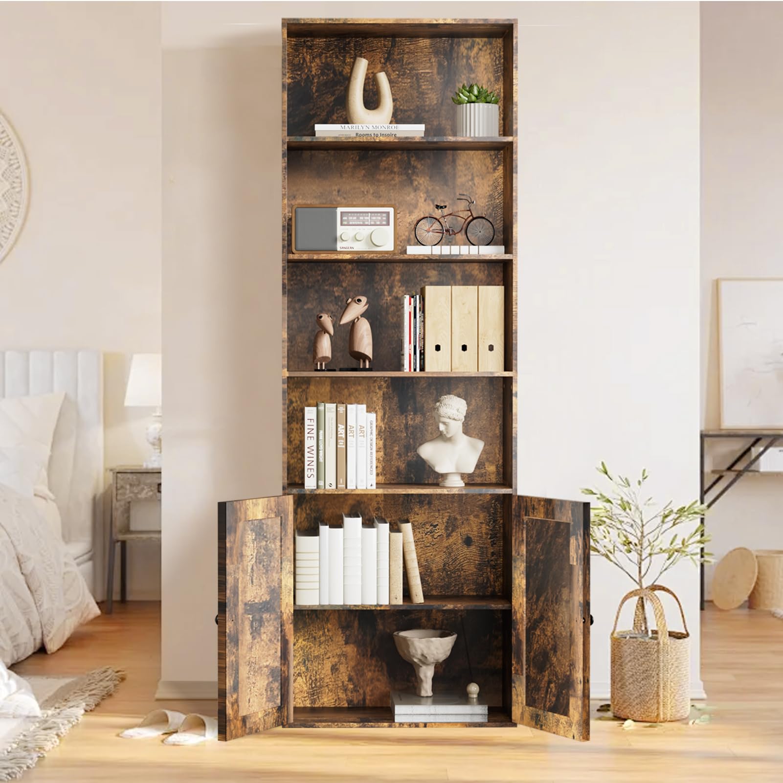 Shoueryaes Bookshelf, 6-Tier Floor Bookcase with 2 Bottom Doors, 9.29"x23.62"x70.86", Storage Cabinet Bookshelves for Home Office, Living Room, Bedroom-Brown