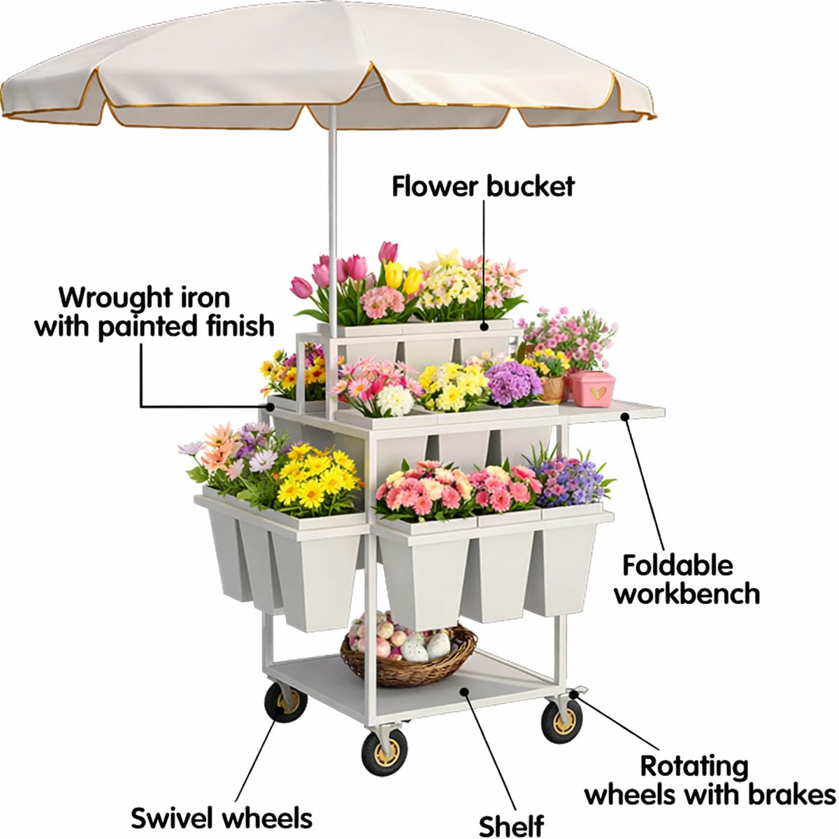 FEFZSFER Heavy Duty Flower Cart Display Stand with Umbrella, Rolling Flower Cart with 18 Buckets,Flower Carts with Wheels For Flower Shops, Markets, Events (White)