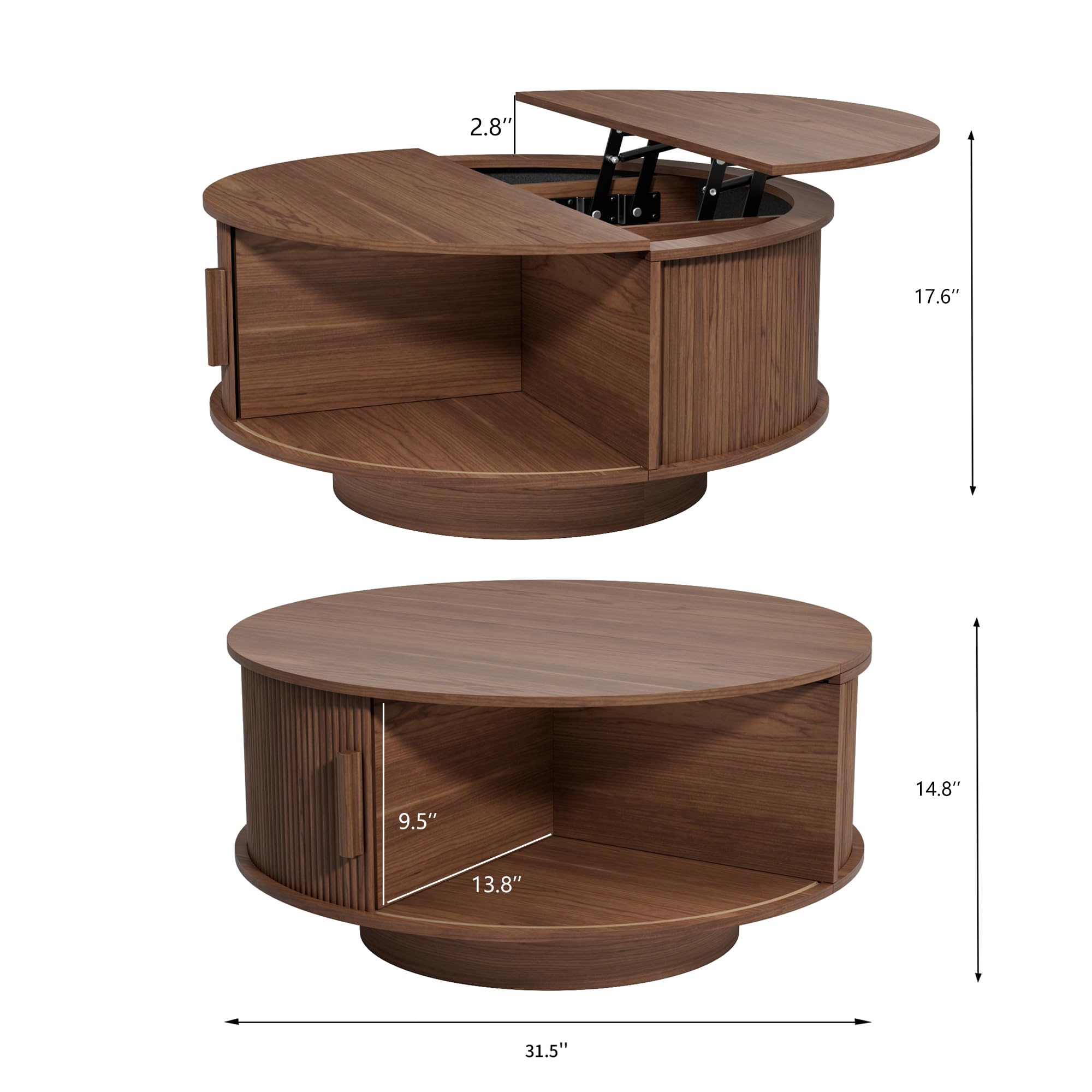 Round Lift Top Coffee Table, Mid Century Modern Fluted Circle Coffee Table with Hidden Storage Compartment, Wooden Center Table with Open Shelf for Living Room, Small Space, Walnut
