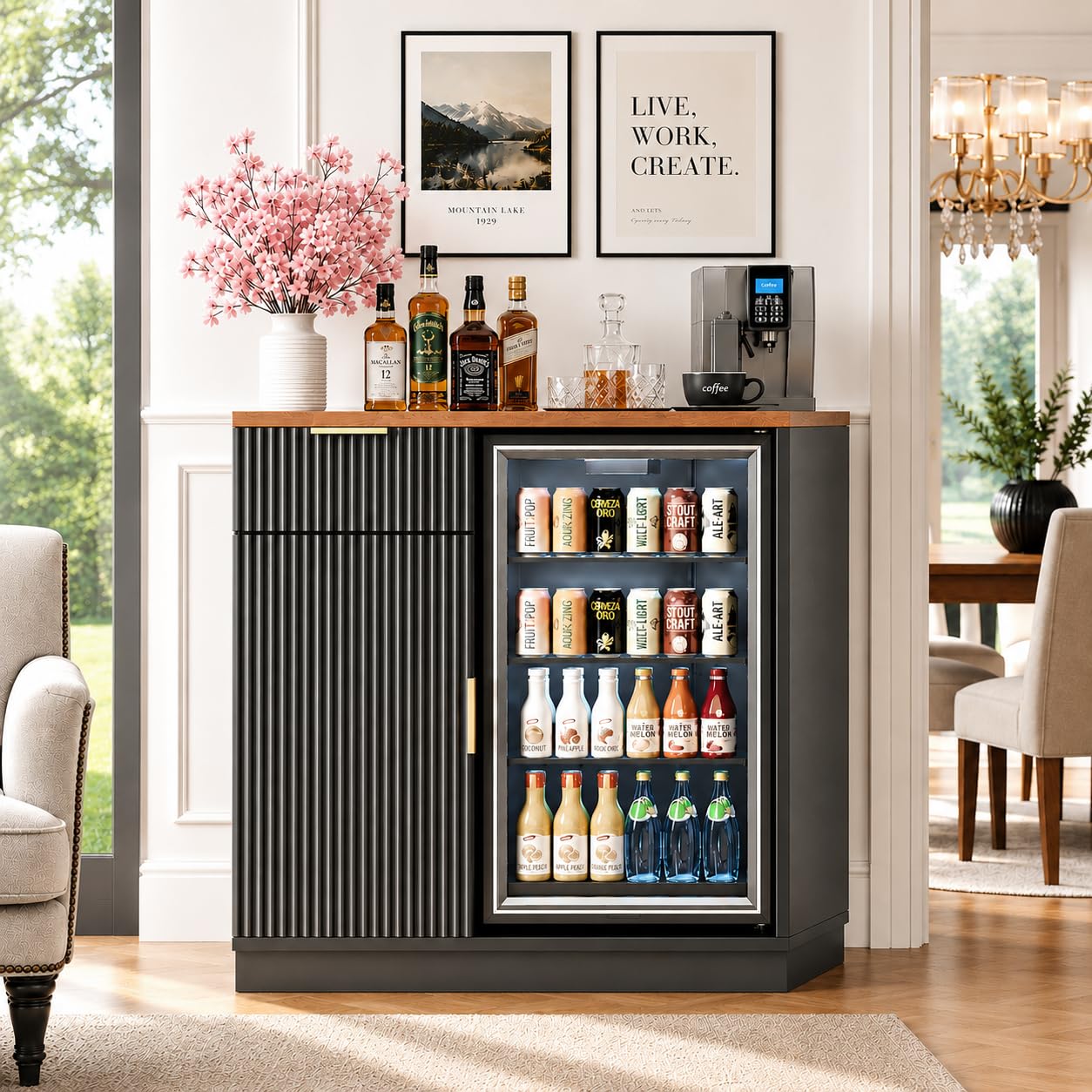 Naga Bahna Coffee Bar Cabinet with Fridge Space, Mini Fridge Cabinet with Power Outlet, Fluted Buffet Sideboard with Drawer & Adjustable Shelf for Home, Kitchen, Dining Room, Black