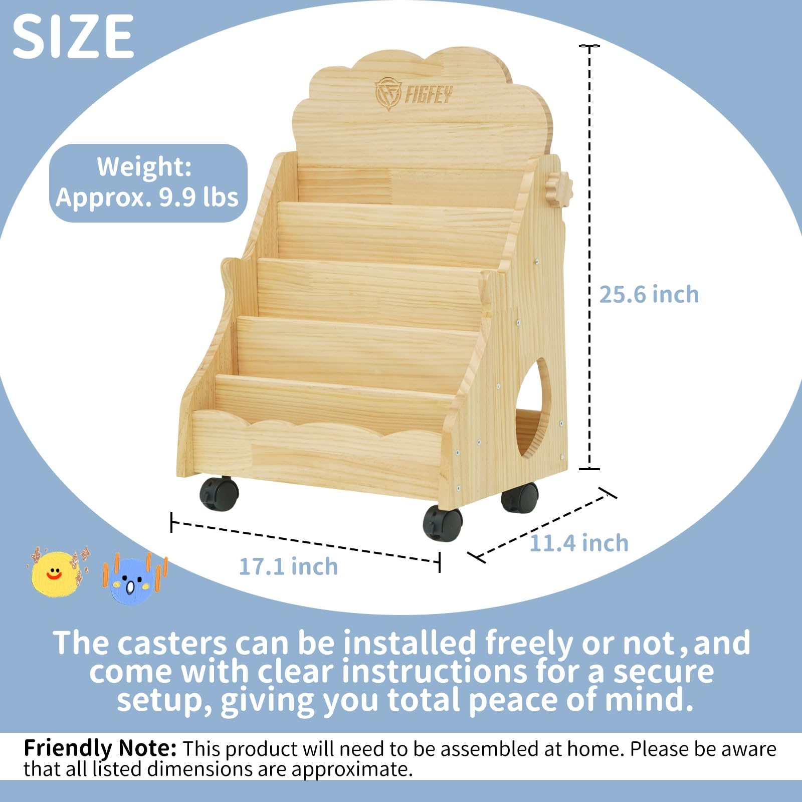 Figfey Kids Montessori Bookshelf 5-Tier Organizer with Lockable Wheels and Adjustable Drawing Board, Toddler Book Rack Nursery with Toy Storage Natural Wood Baby Book Shelf.