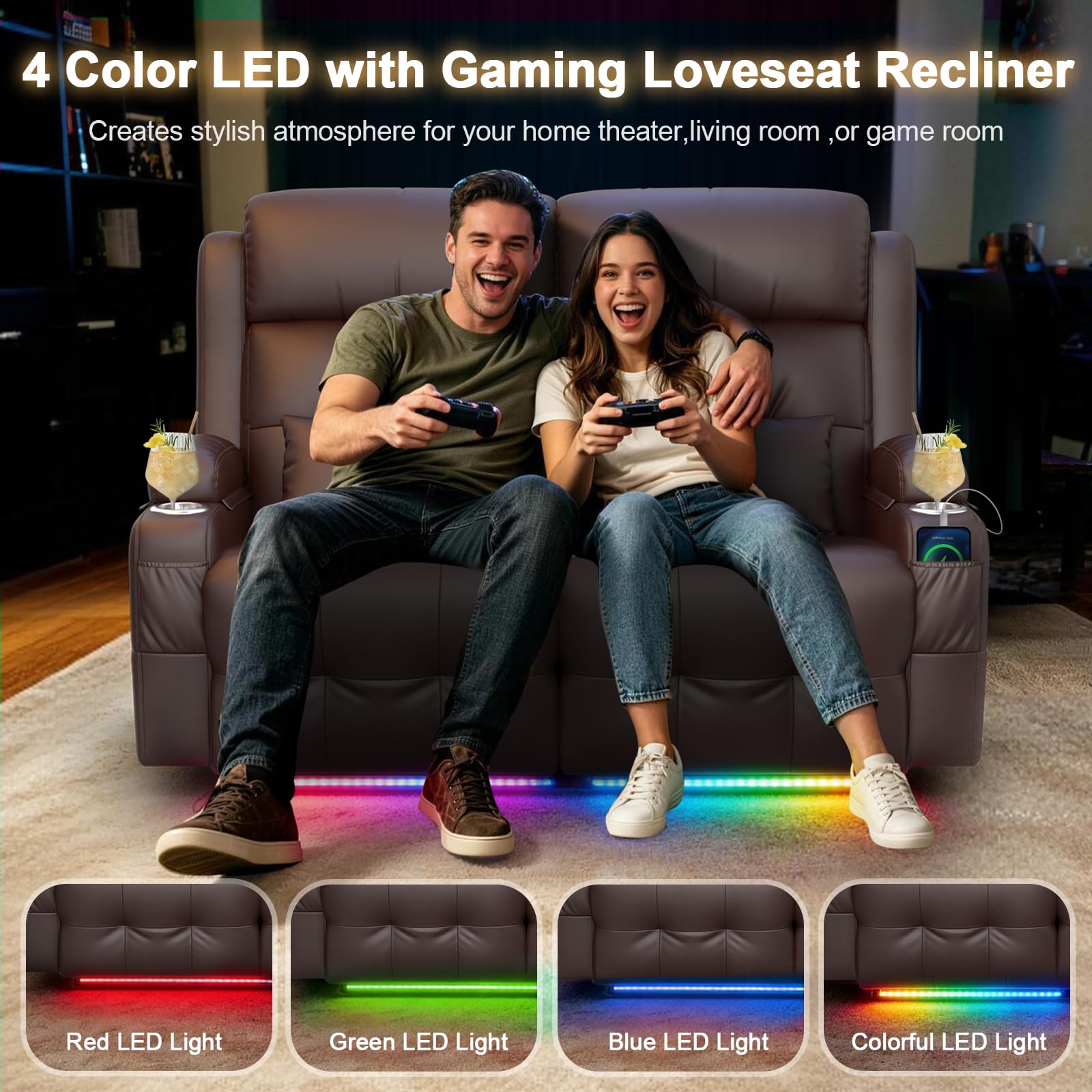 Aotolo Power Reclining Loveseat with Massage & Heat,Wall Hugger Home Theater Seating with LED Lights,USB & Type-C Ports, Ideal for RV, Home Theater and Living Room,Brown,2 Seats