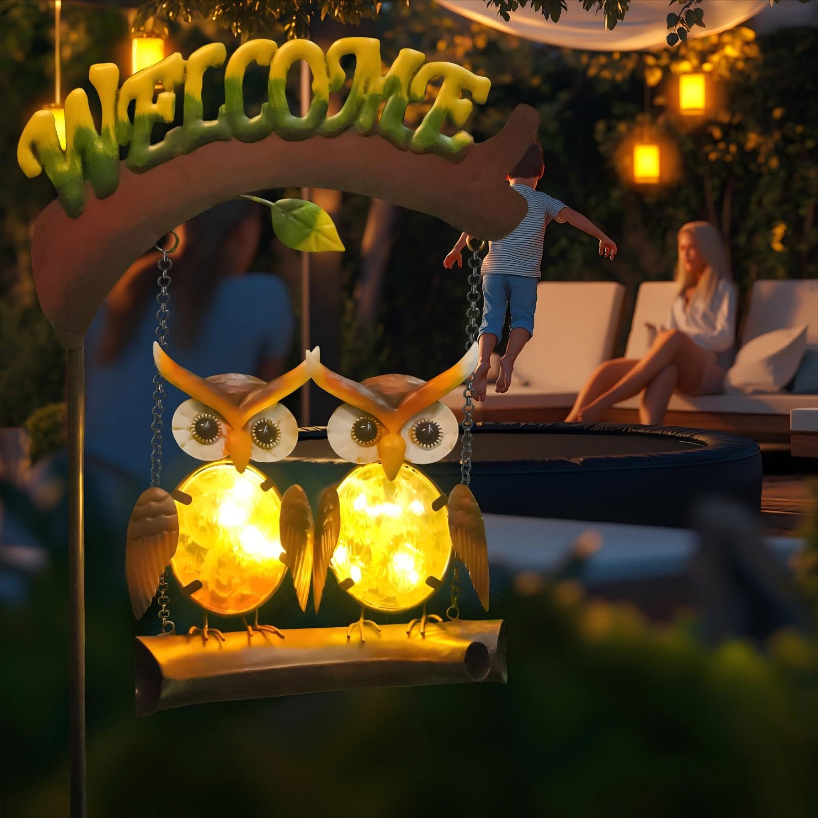 Solar Owl Swing Garden Stake Light with Welcome Sign