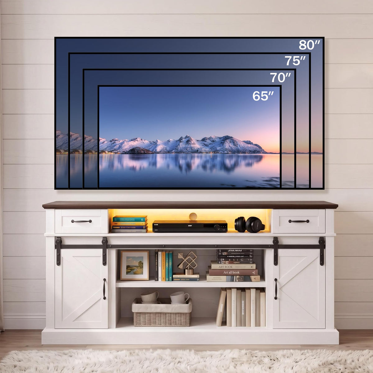 70" Farmhouse TV Stand w/LED for 70-80in TVs, 32" Tall Entertainment Center