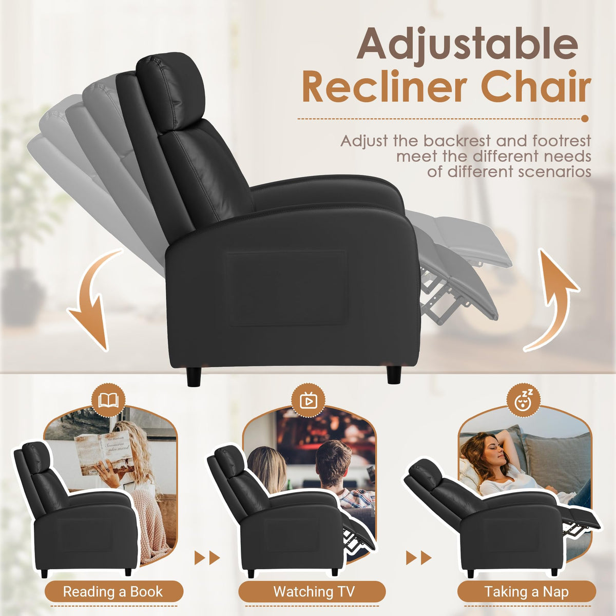 Rankok Recliner Chair Modern PU Leather Black Reclining Adjustable Recliner