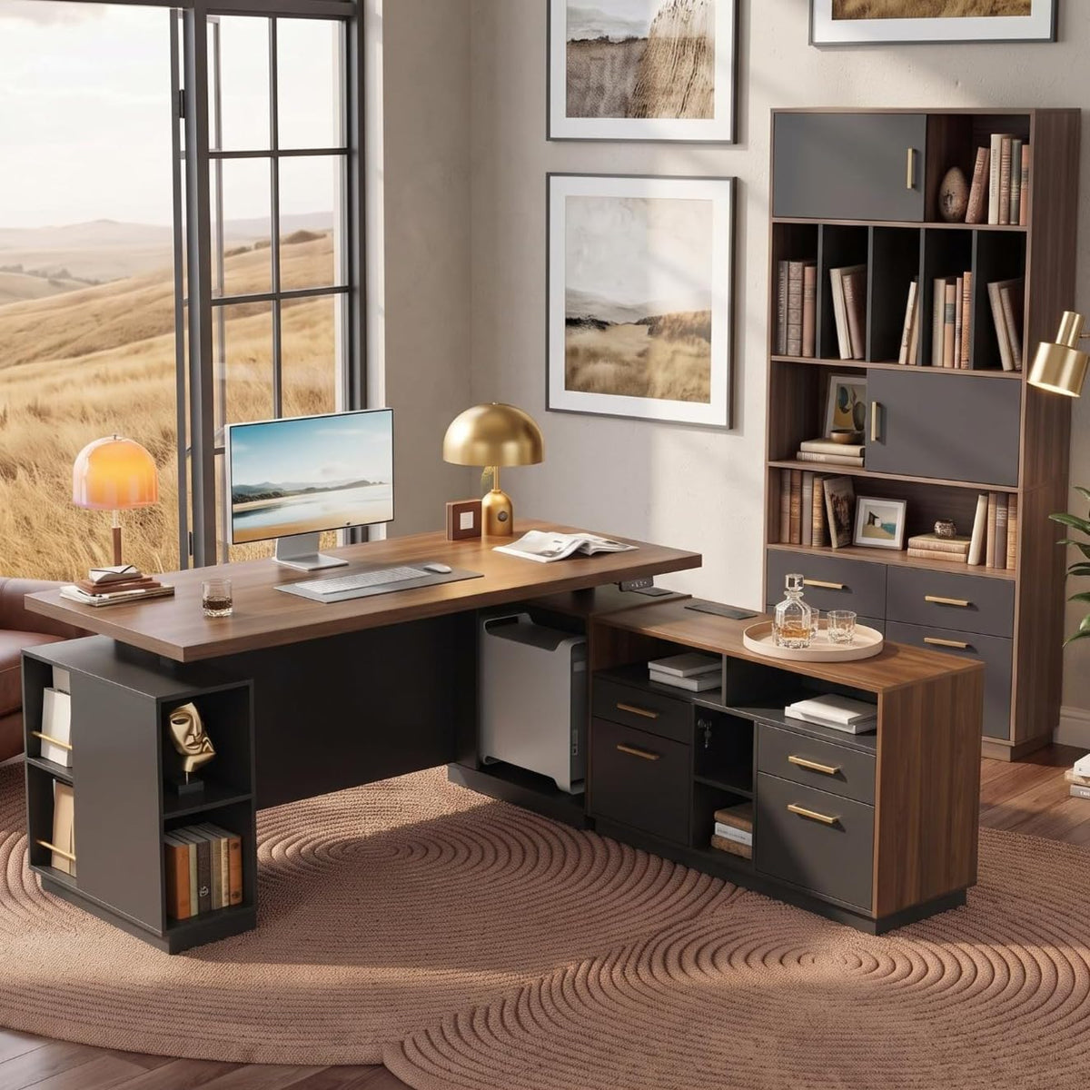 ModernMate 71" L Shaped Standing Desk & 73.3" Tall Bookcase Cabinet Set