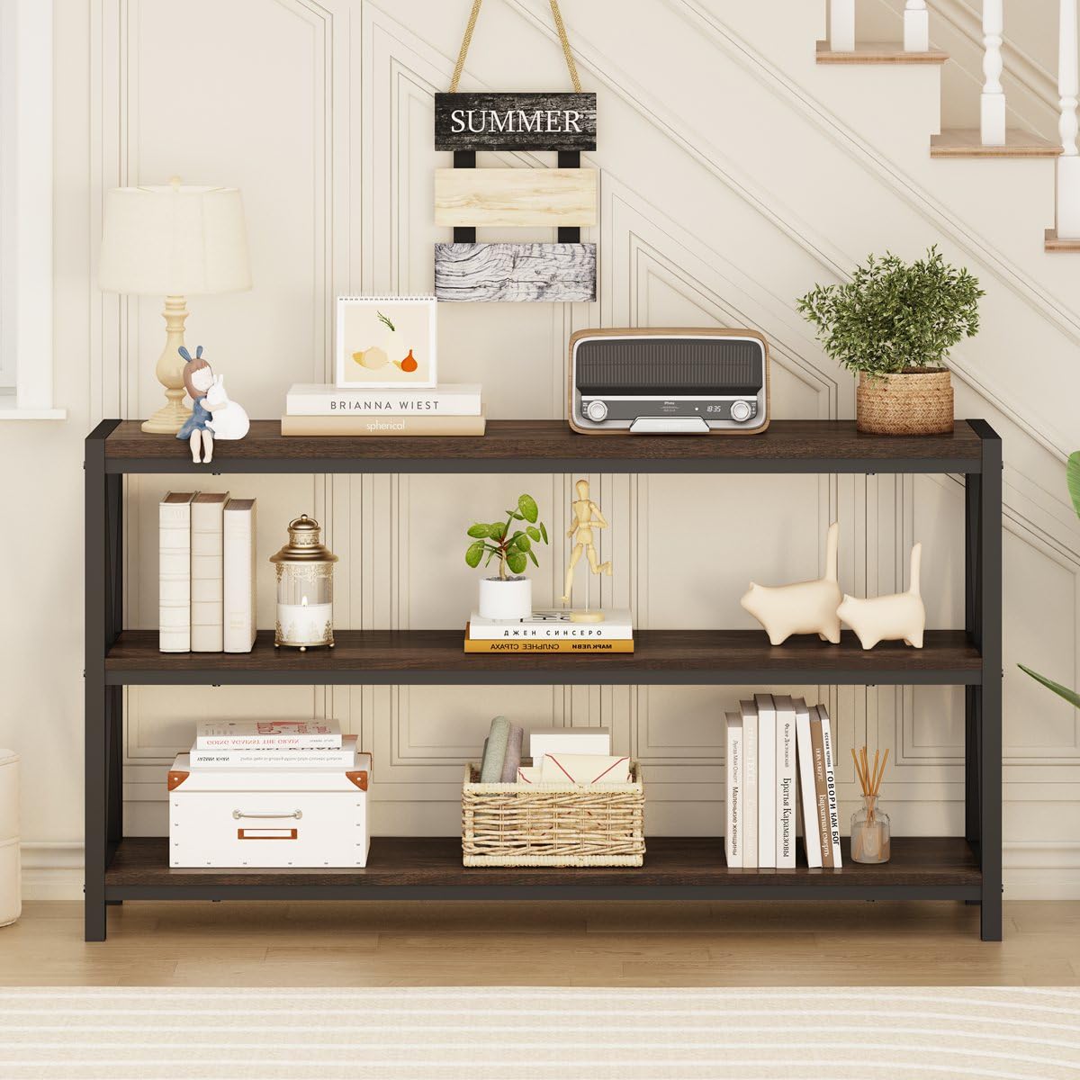 FATORRI Console Table for Entryway, 55 Inch Modern Entry Table with 3 Tier Shelves, Couch Tables Behind Sofa for Living Room, Dark Walnut