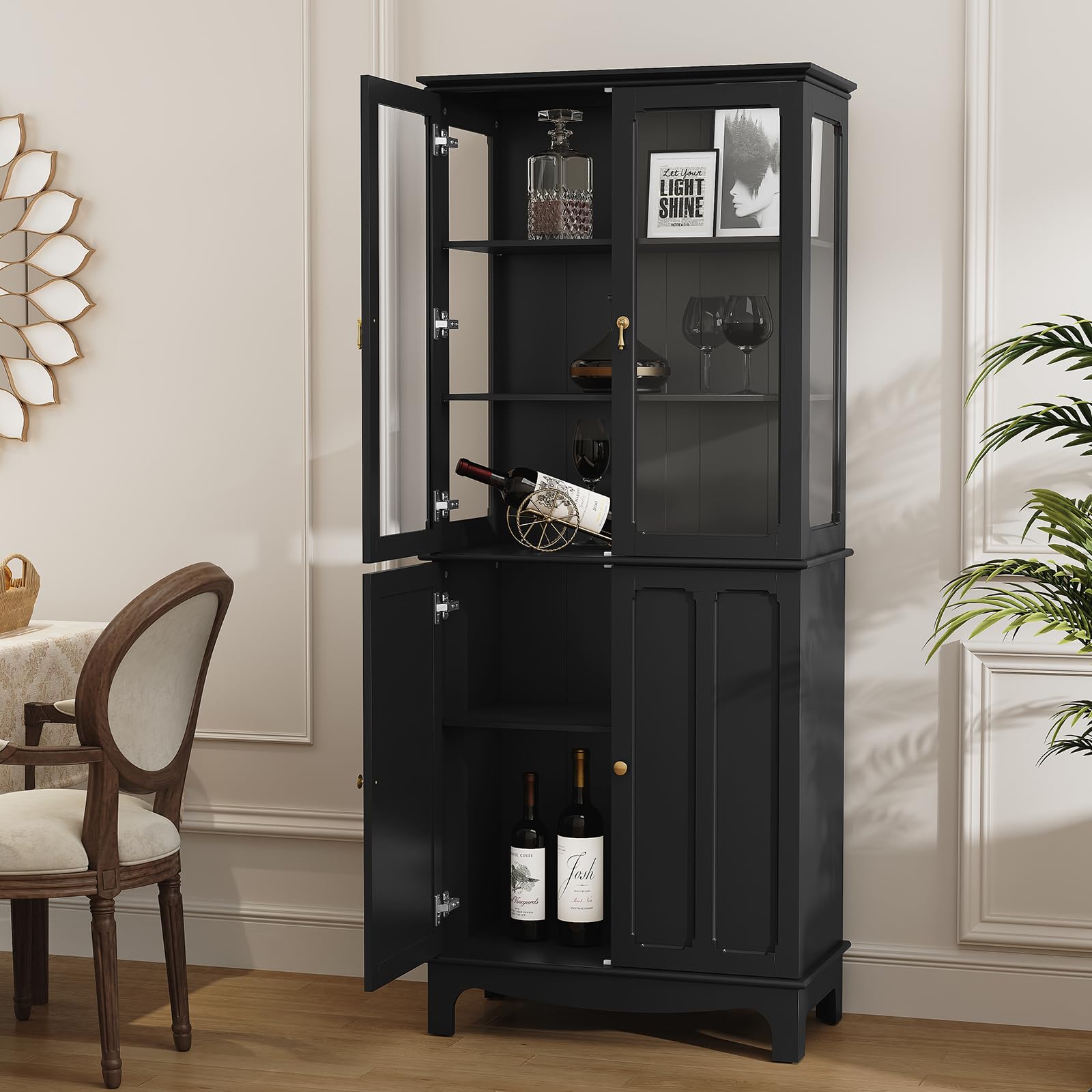 Glass Door Kitchen Pantry Cabinet with Adjustable Shelves
