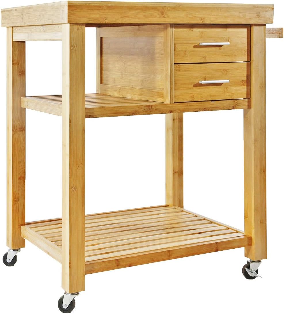 Home Aesthetics Rolling Kitchen Island Cart with Drawers Shelves, Towel Rack, Locking Casters, Butcher Block Food Prepping Cart Trolley on Wheels, Bamboo Wood
