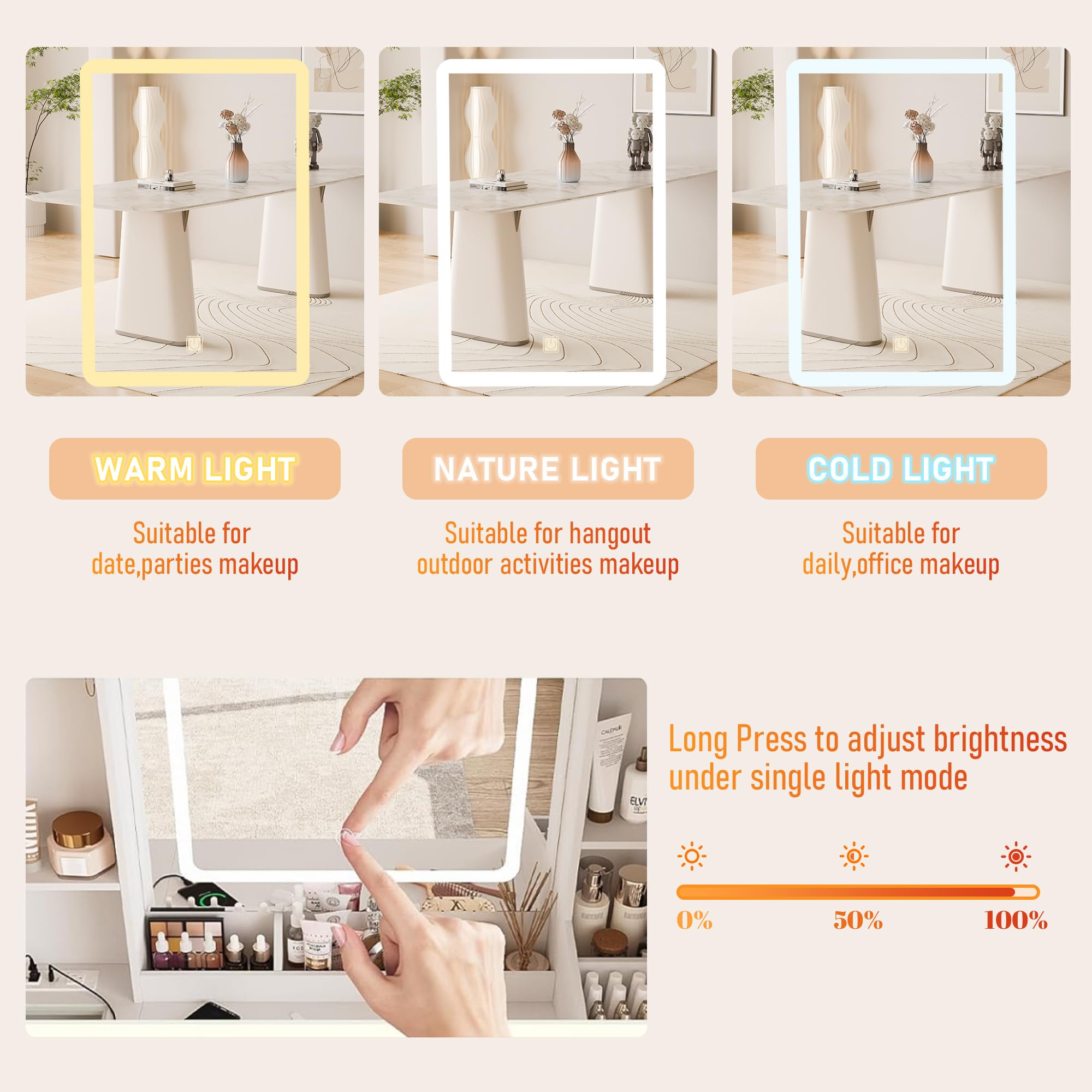 ALEAVIC Vanity Desk with Mirror and LED Lights, Makeup Vanity Set with Power Outlet, and Stool,Jewelry Storage,White Vanity Desk for Bedroom