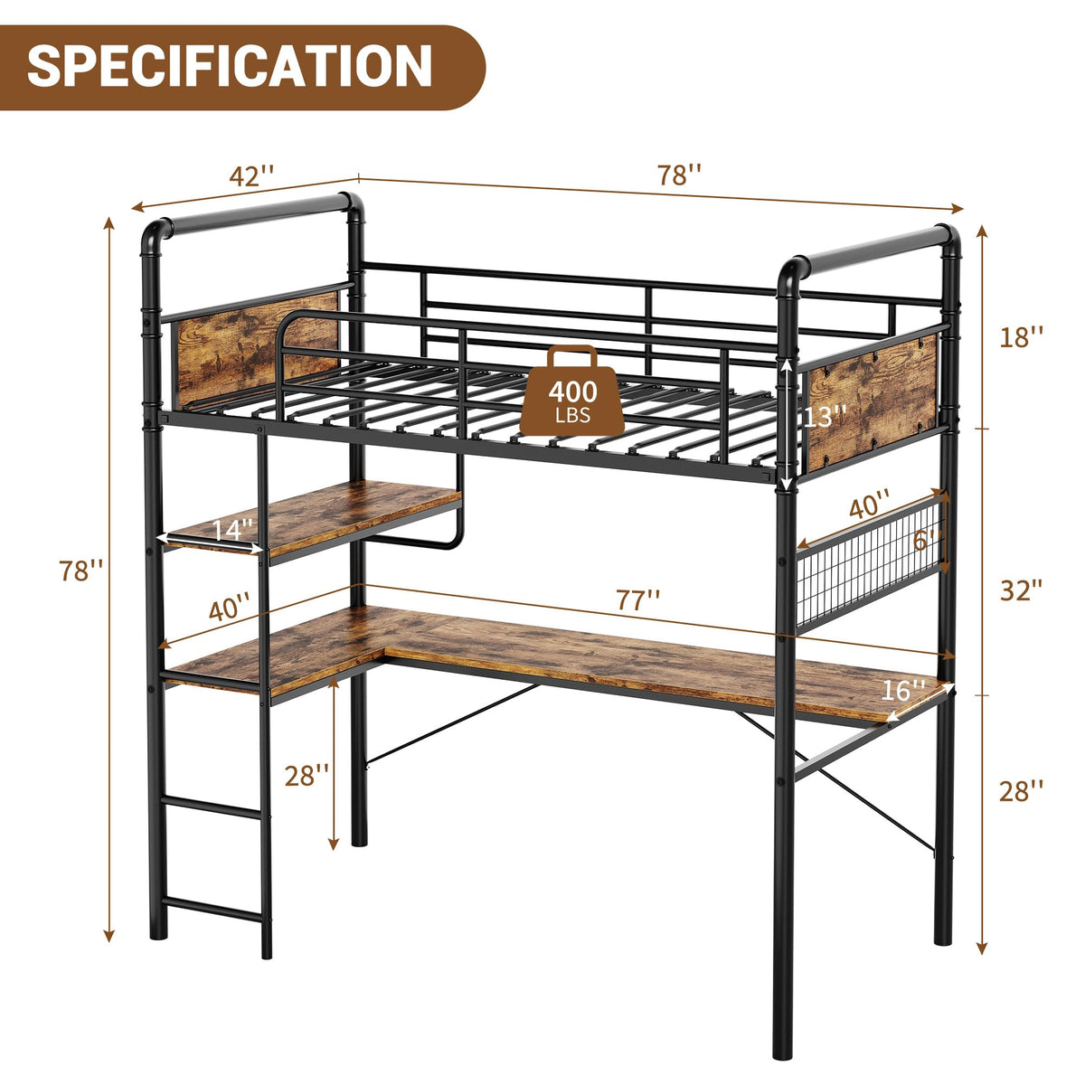 GarveeHome Loft Bunk Bed with L-Shaped Desk, Industrial Twin Loft Bed,Brown