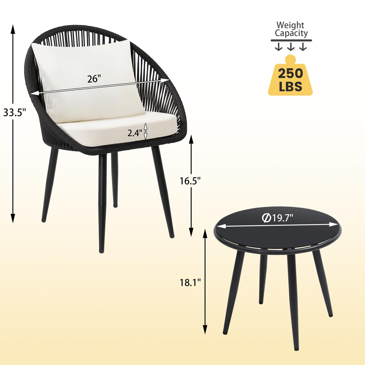 wildformers 3-Piece Bistro Set, Woven Rope Chair with Cushions, Black