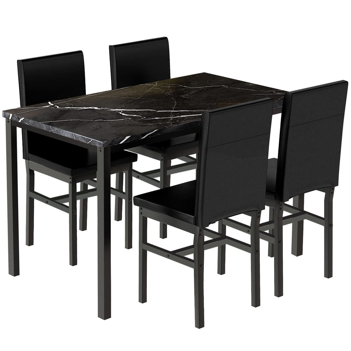 Recaceik Dining Table Set for 4, Kitchen Table and Chairs Set with Faux Marble Tabletop & 4 Leather Upholstered Chairs for Kitchen Dining Room, Breakfast Nook, Compact Space, Dinette Set