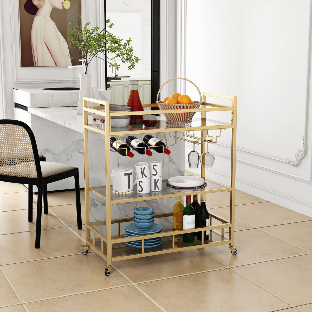LORMITER Bar Cart Gold with Bottle Storage and Wine Glass, Rolling Serving Bar Cart on Wheels Indoor & Outdoor, Patio, Gold Kitchen Serving Cart for Party(3-Tier)