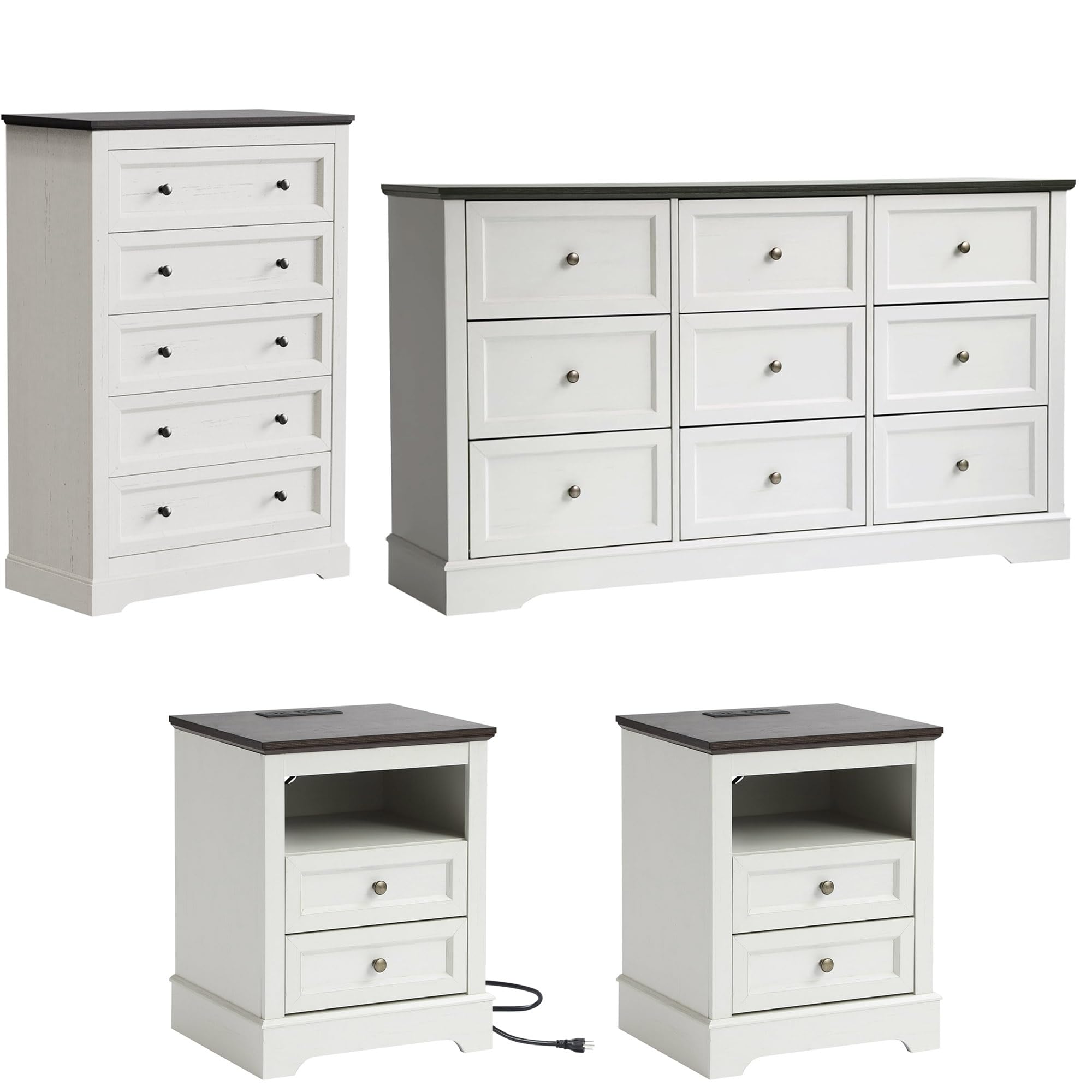 LOUVIXA Farmhouse Bedroom Sets of 4, 4Pcs Farmhouse Dresser Set，Including 9 Drawer Dresser, 5 Drawer Dressers and Nightstand Set of 2 with Charging Station (White Sets, 4 Pieces)