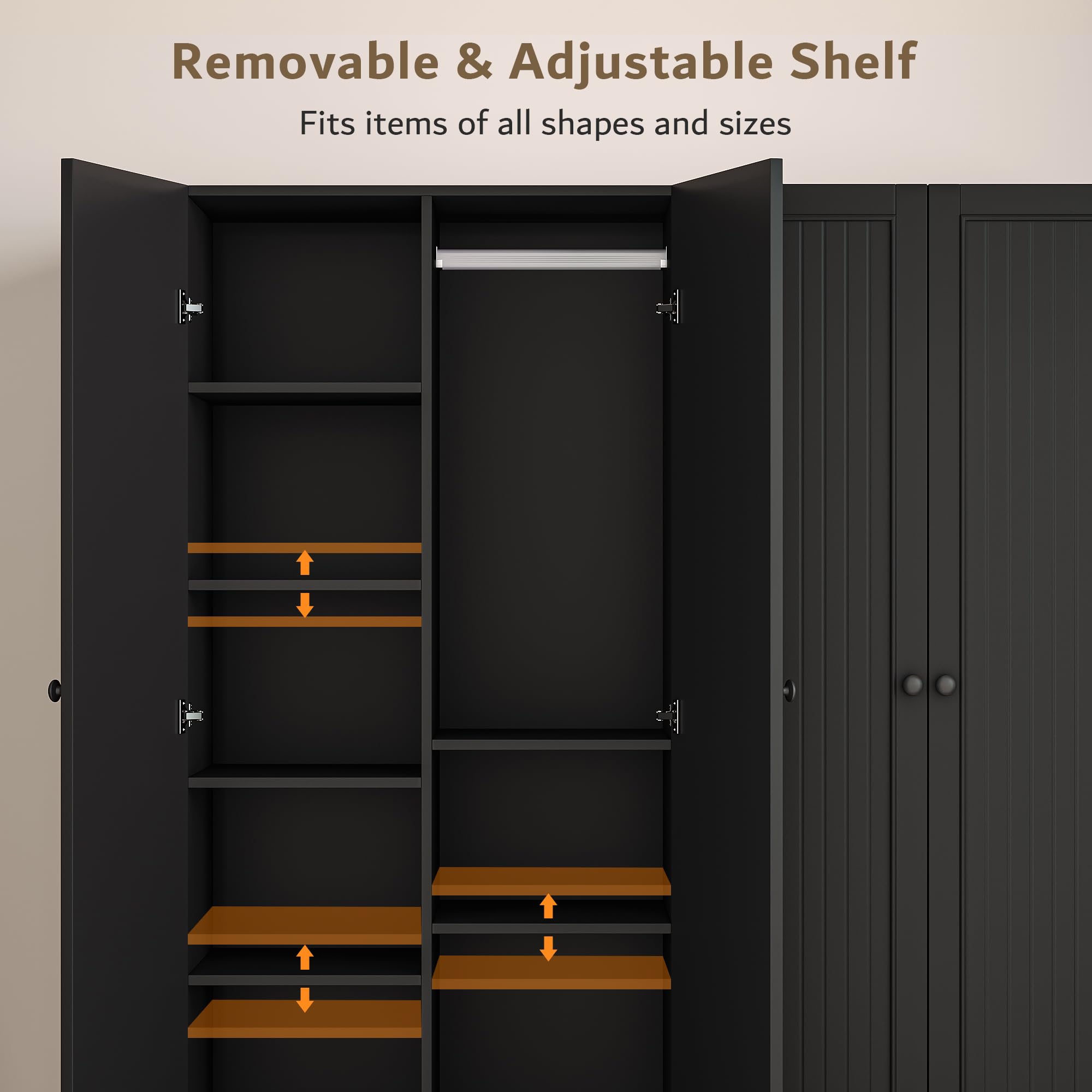 iPormis 4 Doors Armoire Wardrobe Closet with 2 Drawers, 63" Large Wardrobe Cabinet with Removable Hanging Rods and Adjustable Shelves, Closet Storage Cabinet for Bedroom, Cloak Room, Black