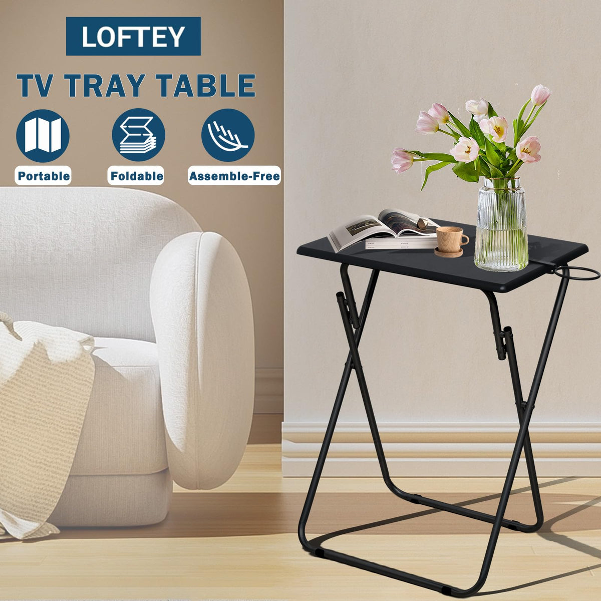 LOFTEY TV Trays Set of 4, Portable Folding TV Tables for Eating, Black