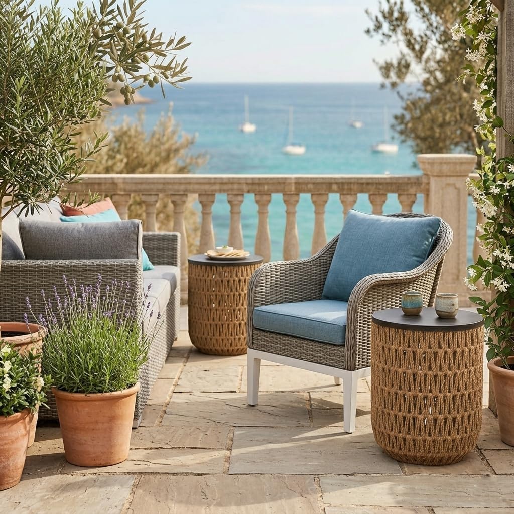 Boho Rattan Outdoor Side Table Set of 2