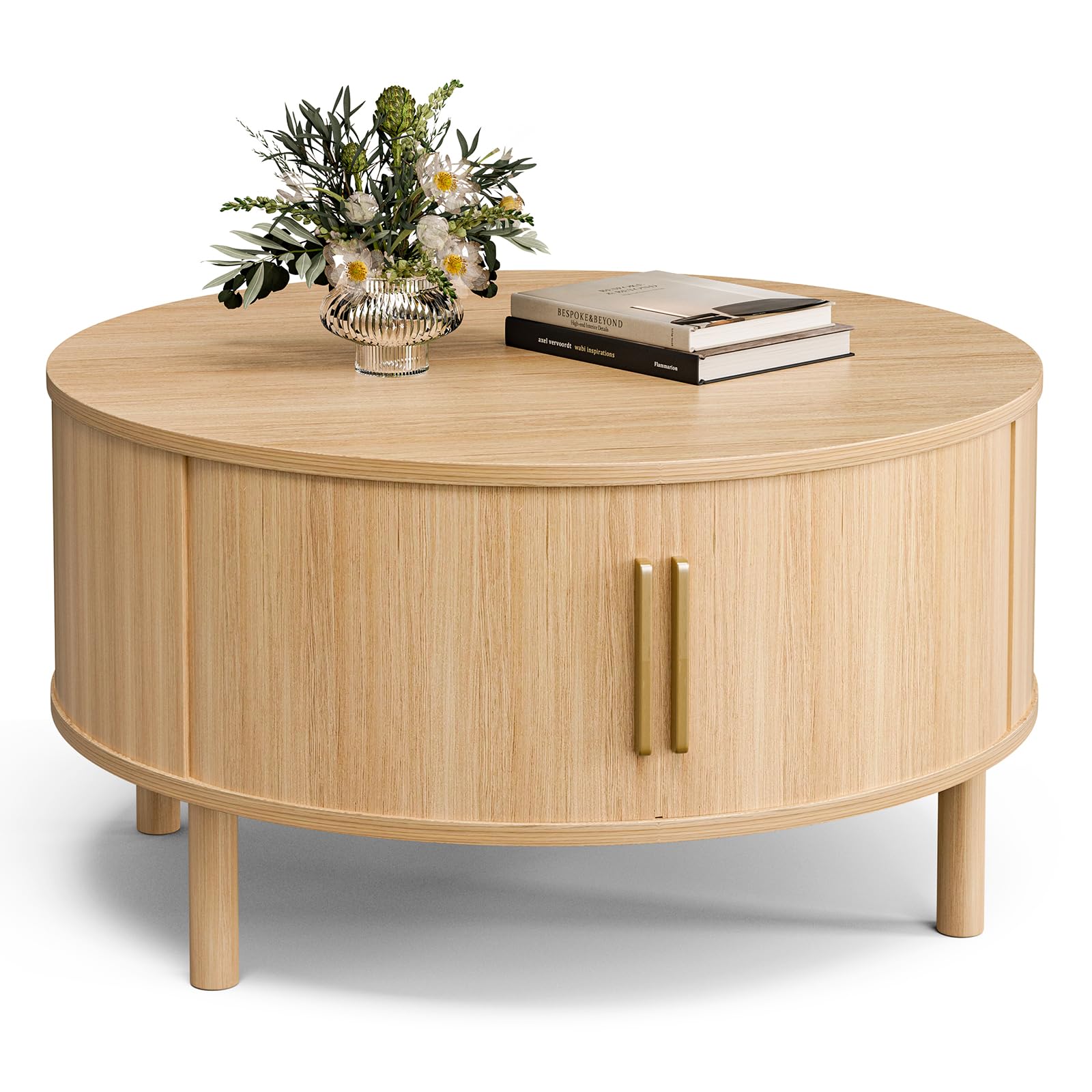 ZttRiee Coffee Table for Living Room, Modern Round Coffee Table with Cabinets & Sliding Doors, Home Small Space, 29.9" Fluted Center Table, Natual
