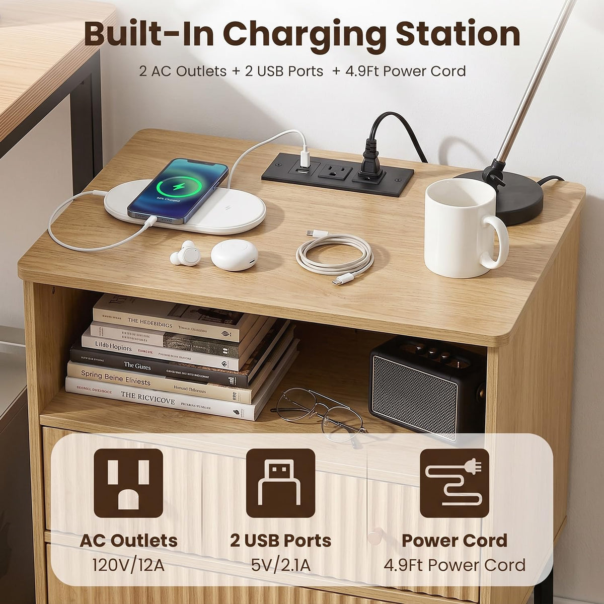 Fluted Nightstand with Charging Station