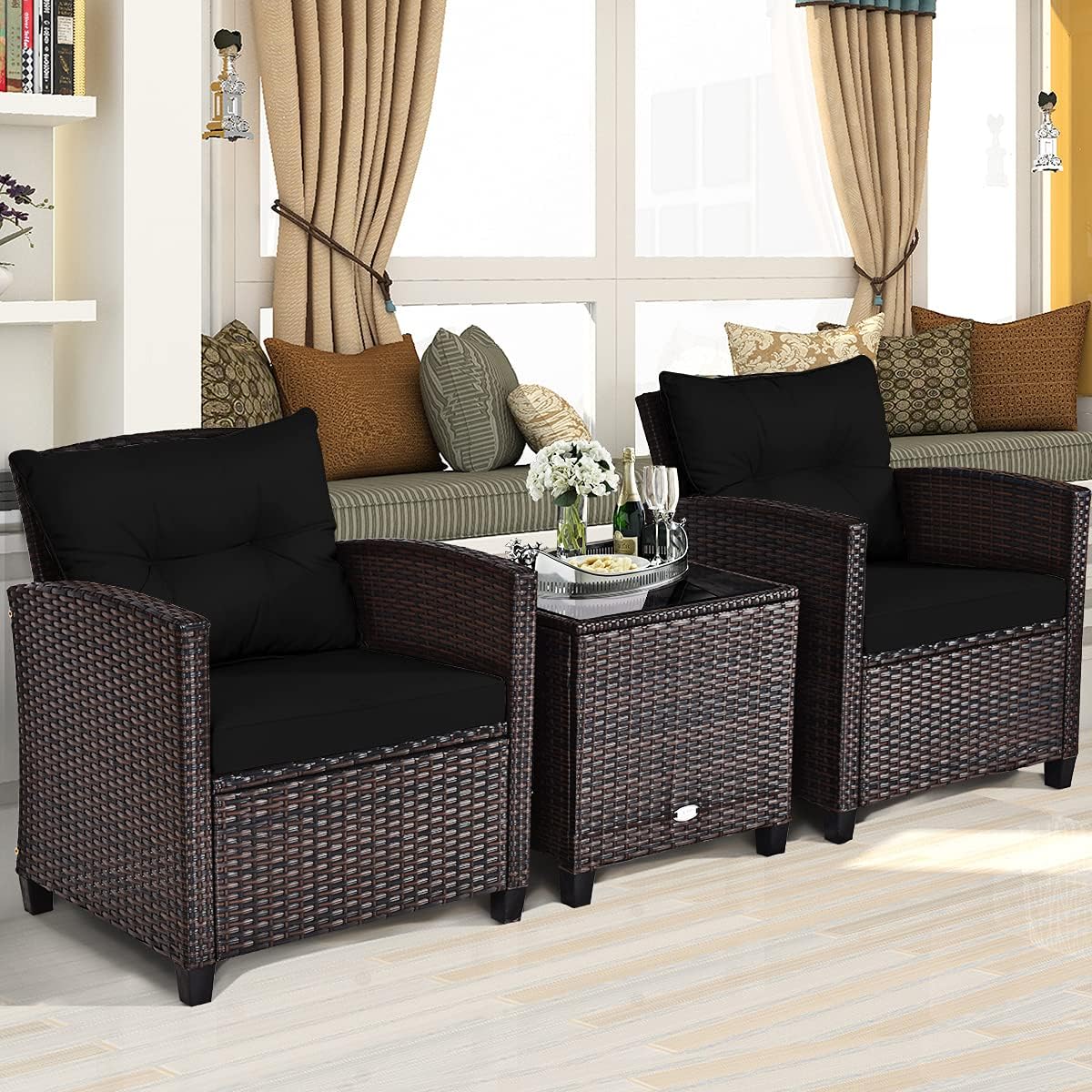3-Piece Outdoor Rattan Conversation Set with Cushions & Glass Table