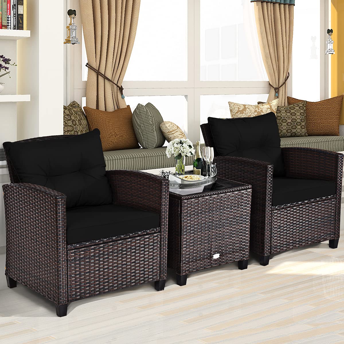3-Piece Outdoor Rattan Conversation Set with Cushions & Glass Table