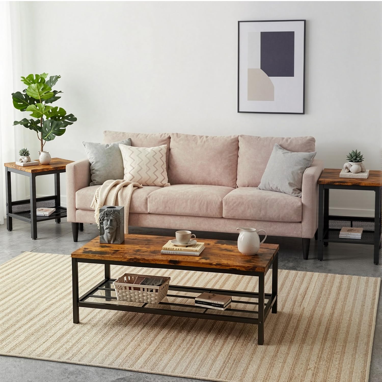 OFFWIN Coffee Table Set of 3,Industrial Coffee Table and 2 End Side Tables,Easy Assembly Coffee and End Tables Sets with Metal Legs, for Office, Living Room and Apartment (Brown)