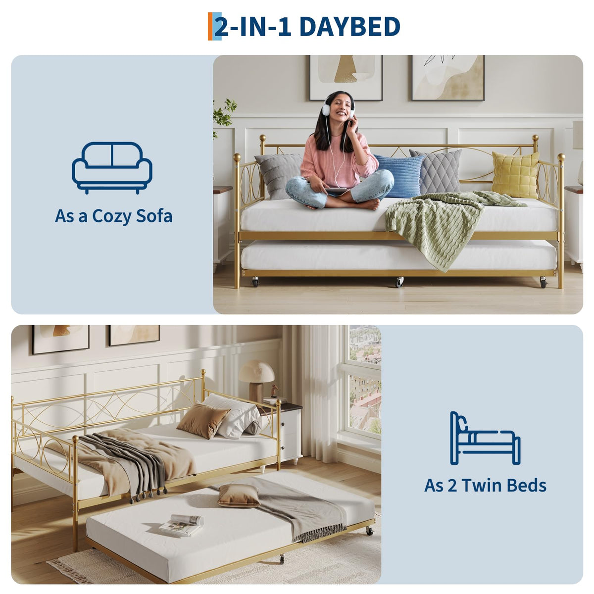 IDEALHOUSE Metal Twin daybed with Trundle with Steel Slat Support