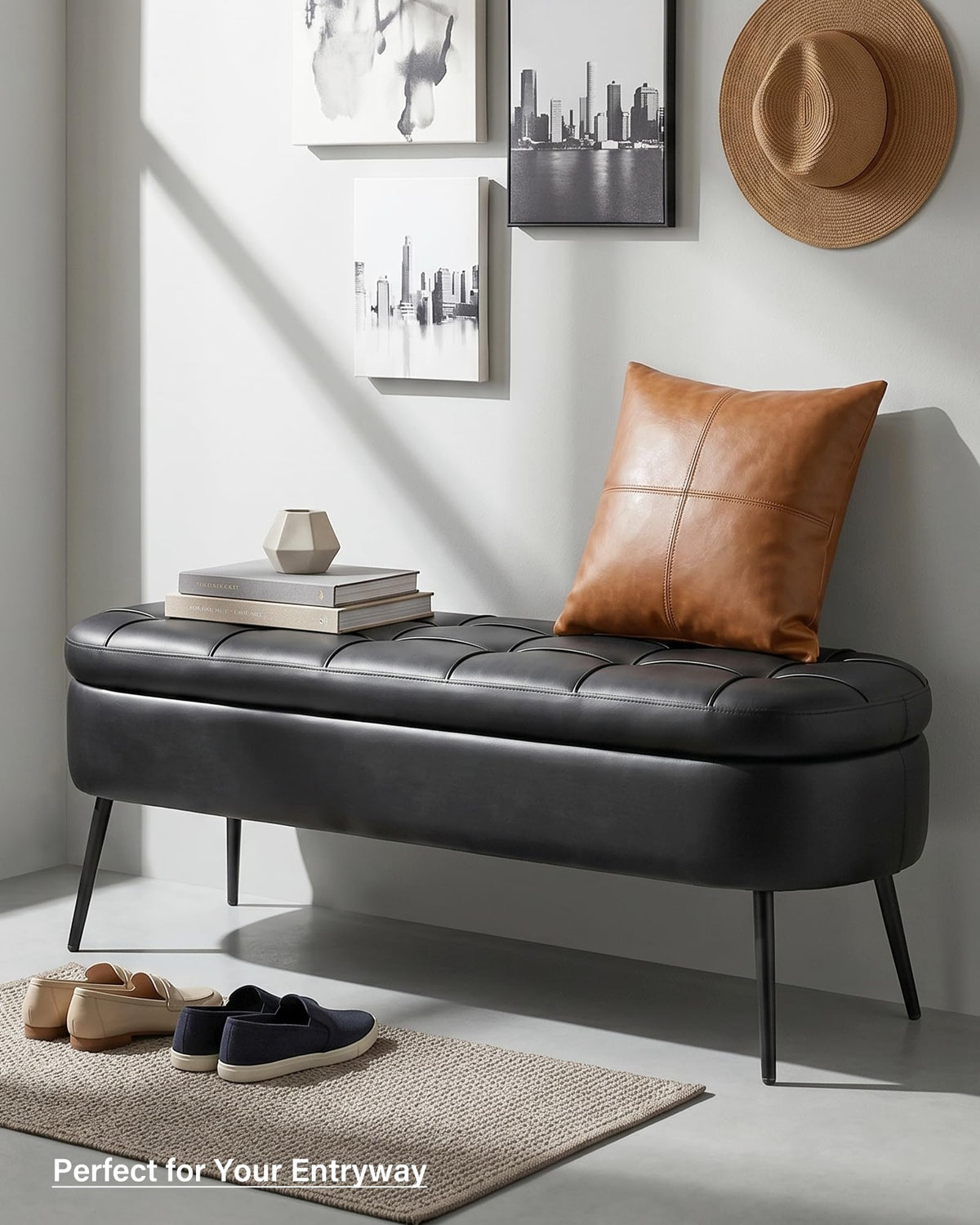 VATROS Storage Ottoman Bench, 43.7" PU Leather End of Bed Bench Black