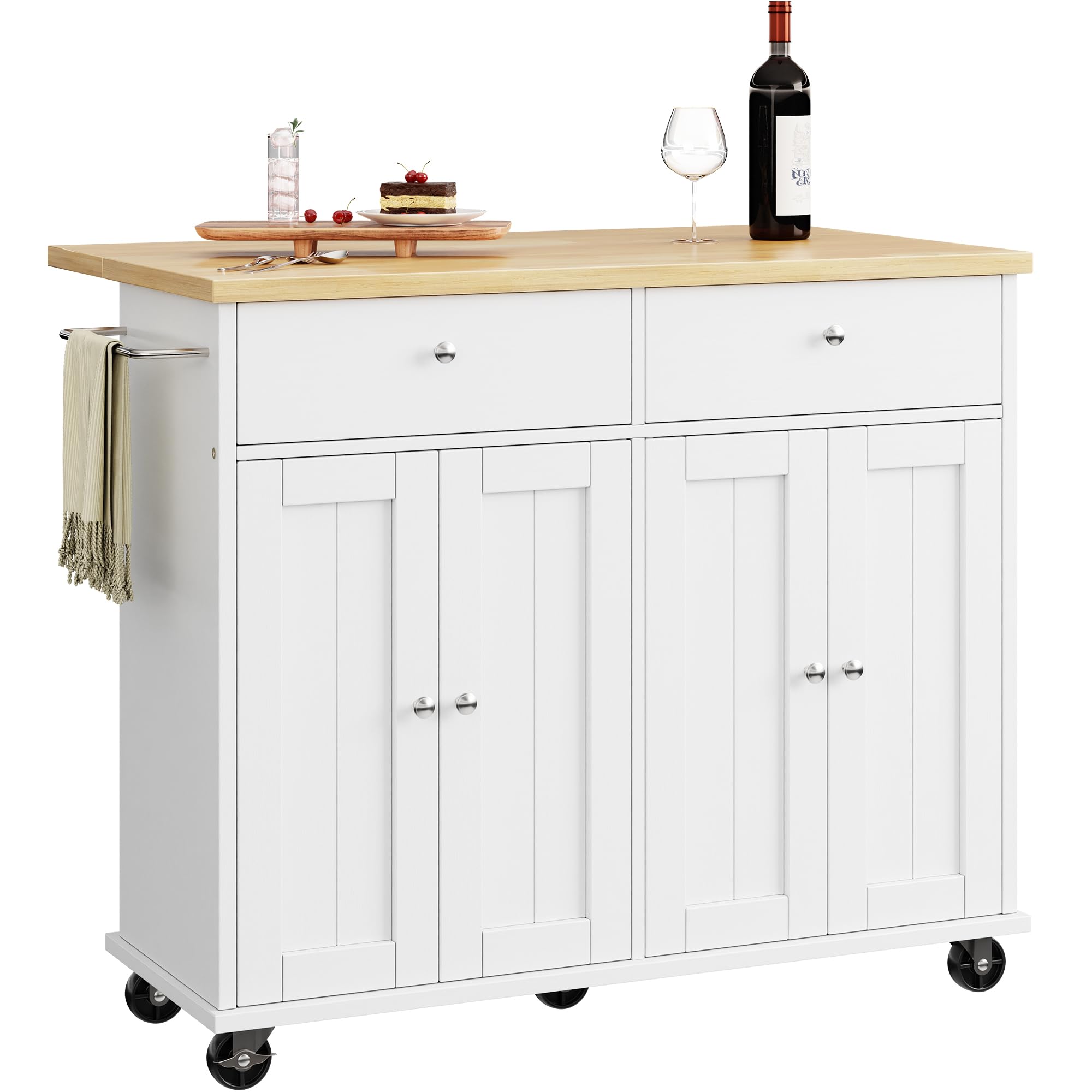 SUNLEI Kitchen Island with Storage, Rolling Kitchen Island Cart with Wheels & Drop Leaf & Towel Rack & 2 Drawers, Portable Island Table for Kitchen, White