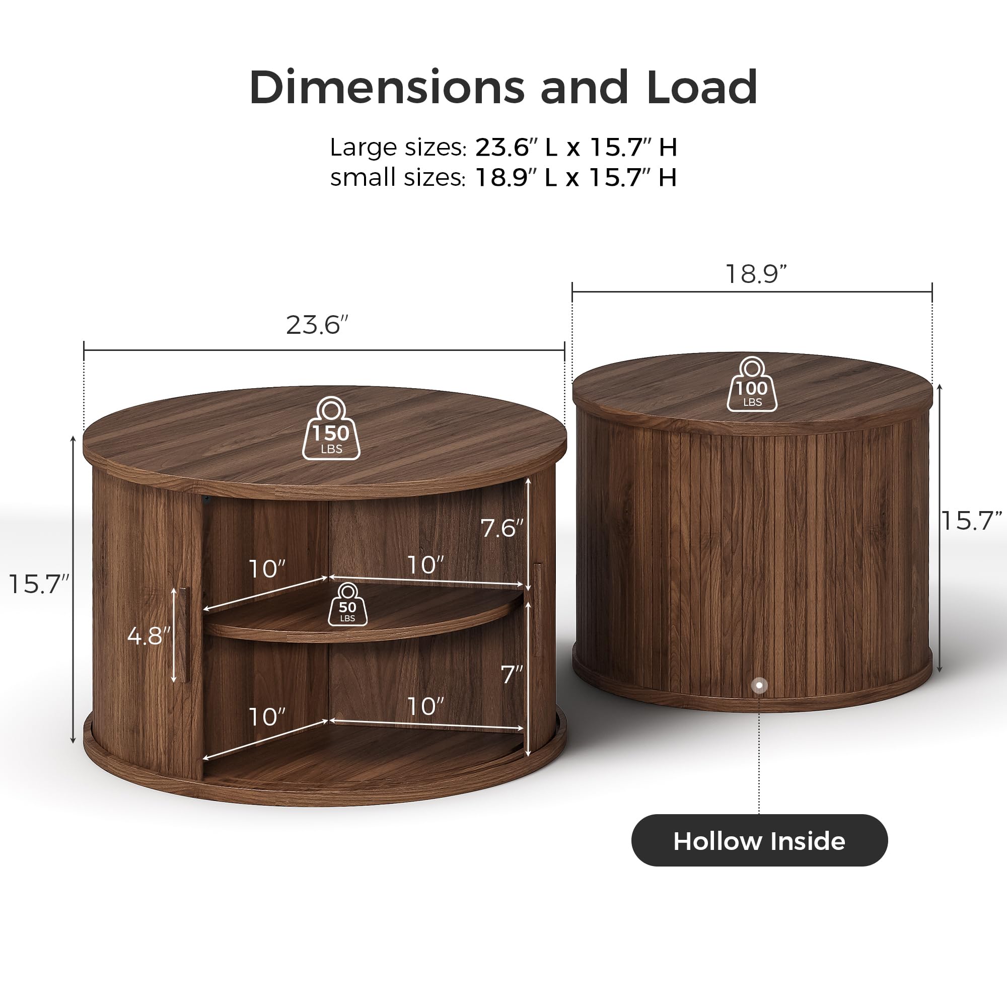 Round Coffee Table Set of 2 with Sliding Door & Hollow Storage