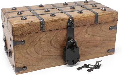 Handcrafted Wooden Treasure Chest with Antique Iron Lock & Skeleton Key