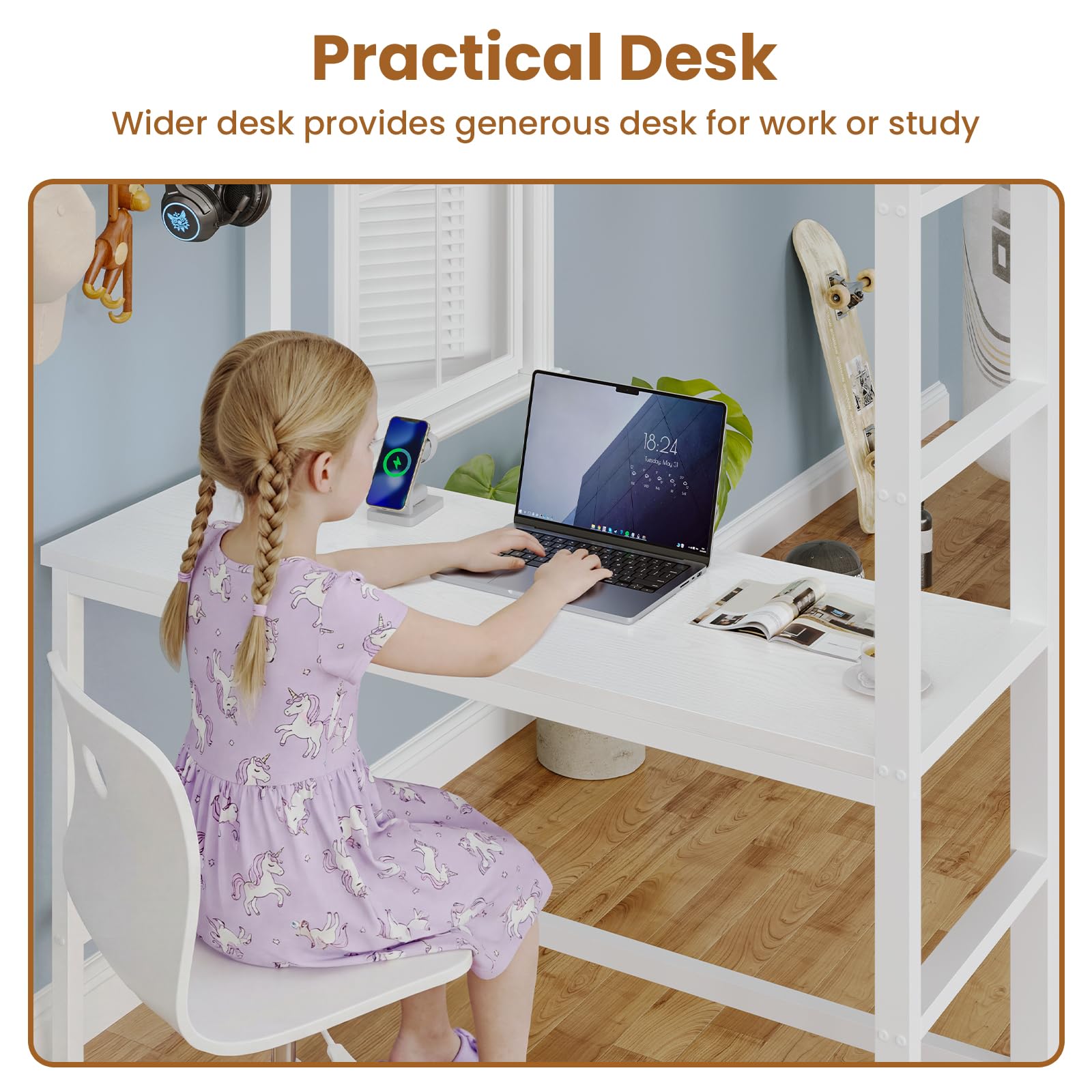 Twin Loft Bed with Desk, 8 Storage Drawers & LED Lights