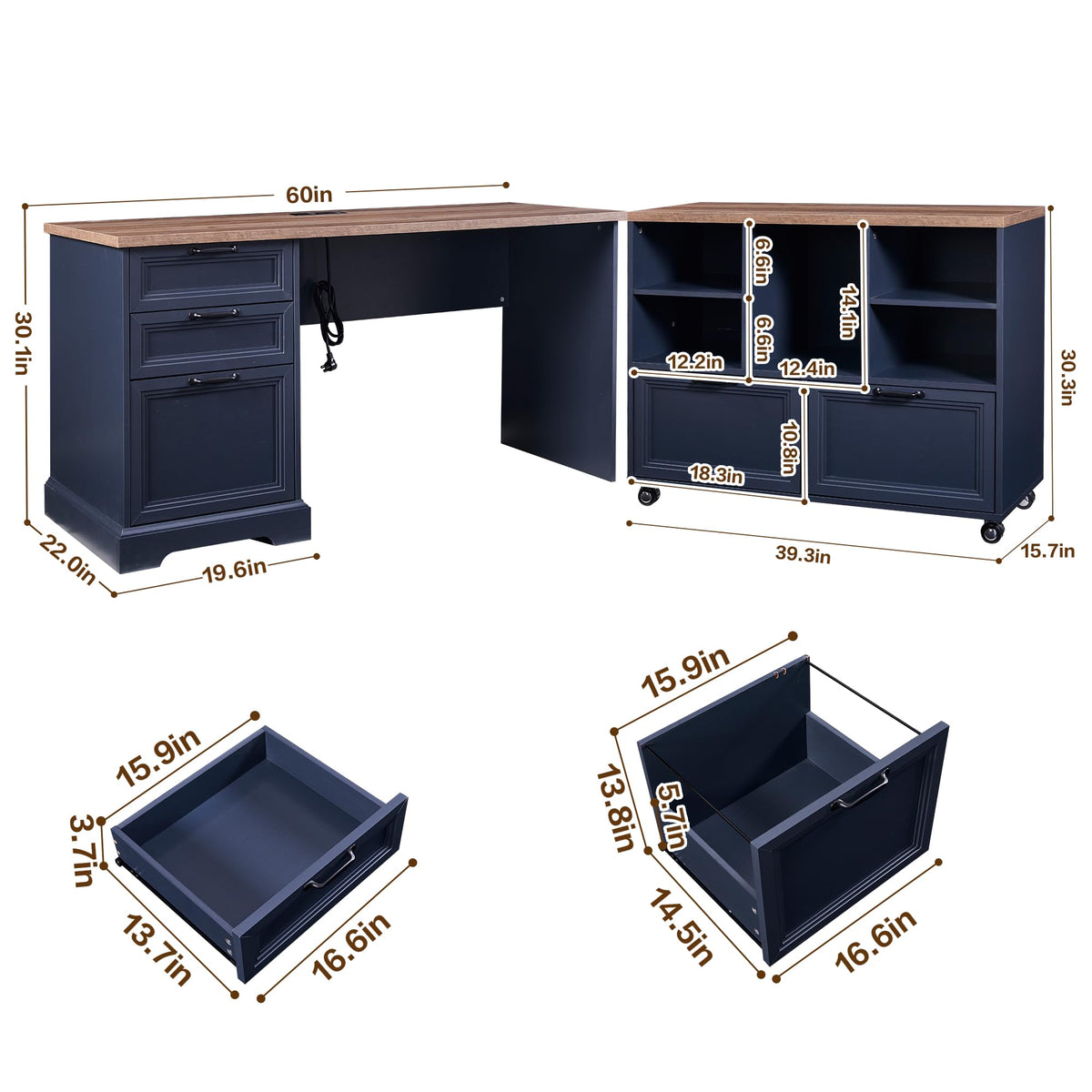 60"L-Shaped Executive Desk with 40"Adjustable File Cabinet,Farmhouse Home Office Desk with Charging Station,Office Desk with Storage Drawers,Wood Computer Desk Set for Office Work,Home Study (Blue)
