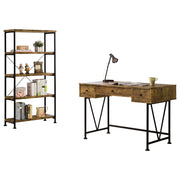 Coaster Home Furnishings - Analiese - Metal and Wood - 2-Piece Computer Desk and Bookcase Set with Three Storage Drawers, Four-Shelf Bookcase - Farmhouse - Home Office - Rustic Nutmeg - 801541-S2
