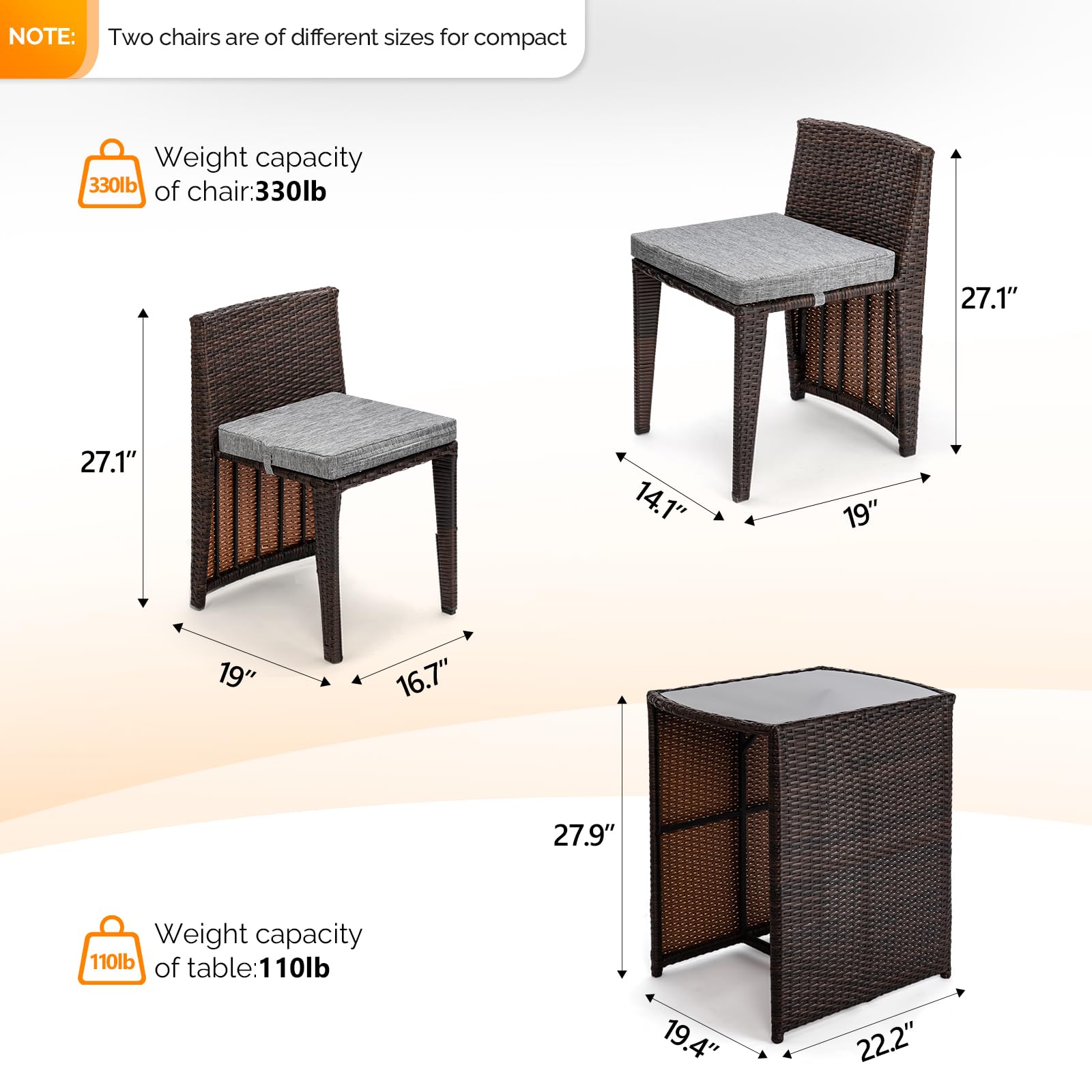 Bonnlo 3 PCS Wicker Outdoor Patio Bistro Set, Patio Furniture Set for Small Space with Glass Top Table Dining Chairs, Balcony Furniture Patio Table and Chairs Set of 2 for Garden Yard Porch (Brown)