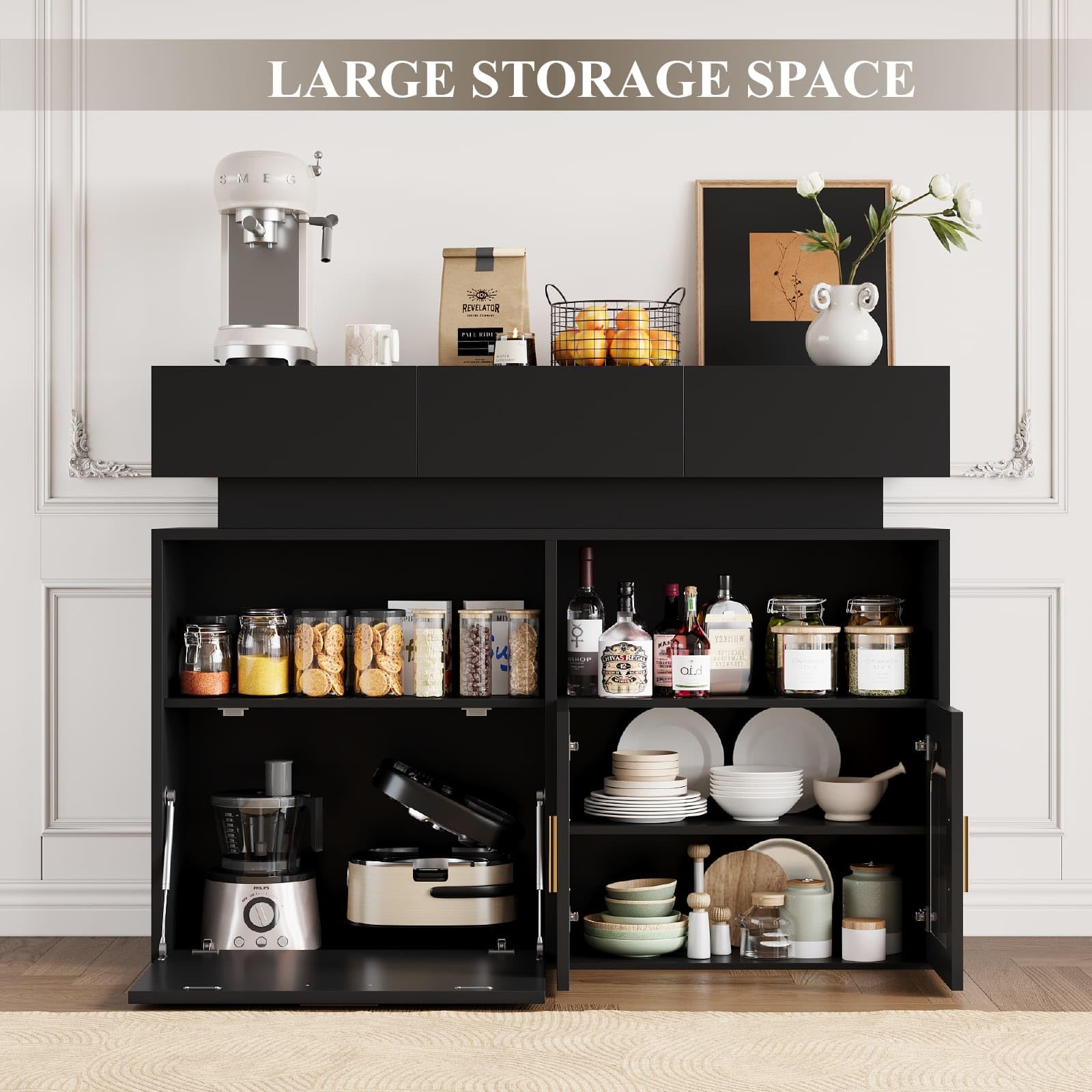 Coffee Bar Cabinet,Kitchen Storage Cabinet with 3 Drawers,Sideboard Buffet Cabinets with Ajustable Shelf,Wood Coffee Bar Table for Dinning Room/Living Room/Kitchen 55.04"L*15.61"W*41.93"H Black