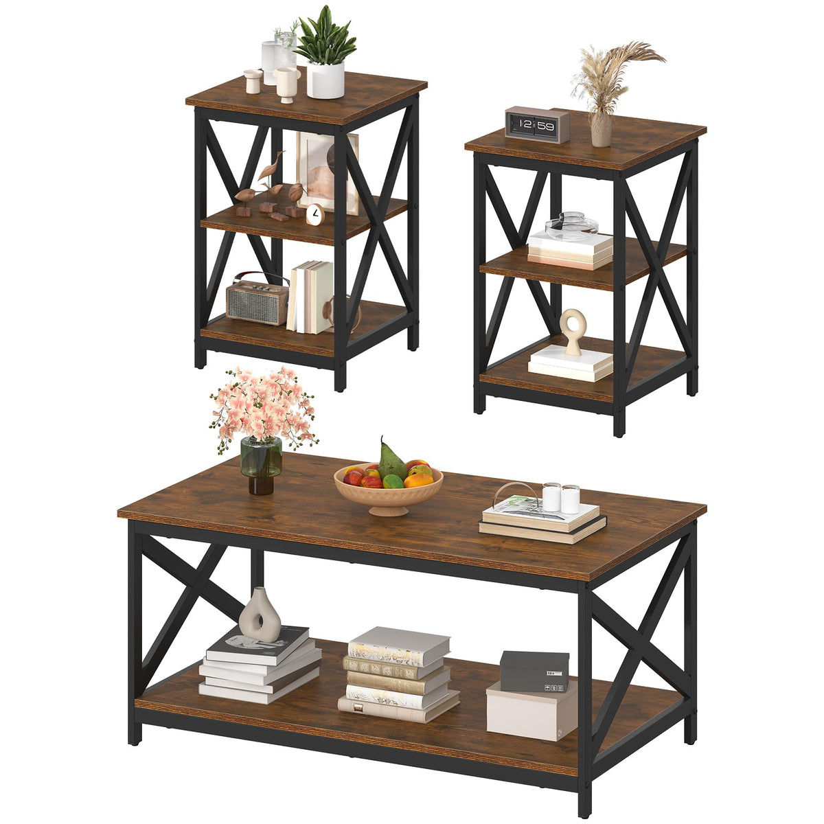 Bigbiglife Living Room Coffee Table Set of 3, Industrial X-Design Coffee Table and 2 End Side Tables, 3 Piece Living Room Table Set with Large Storage for Apartment Home (Dark Rustic Brown)