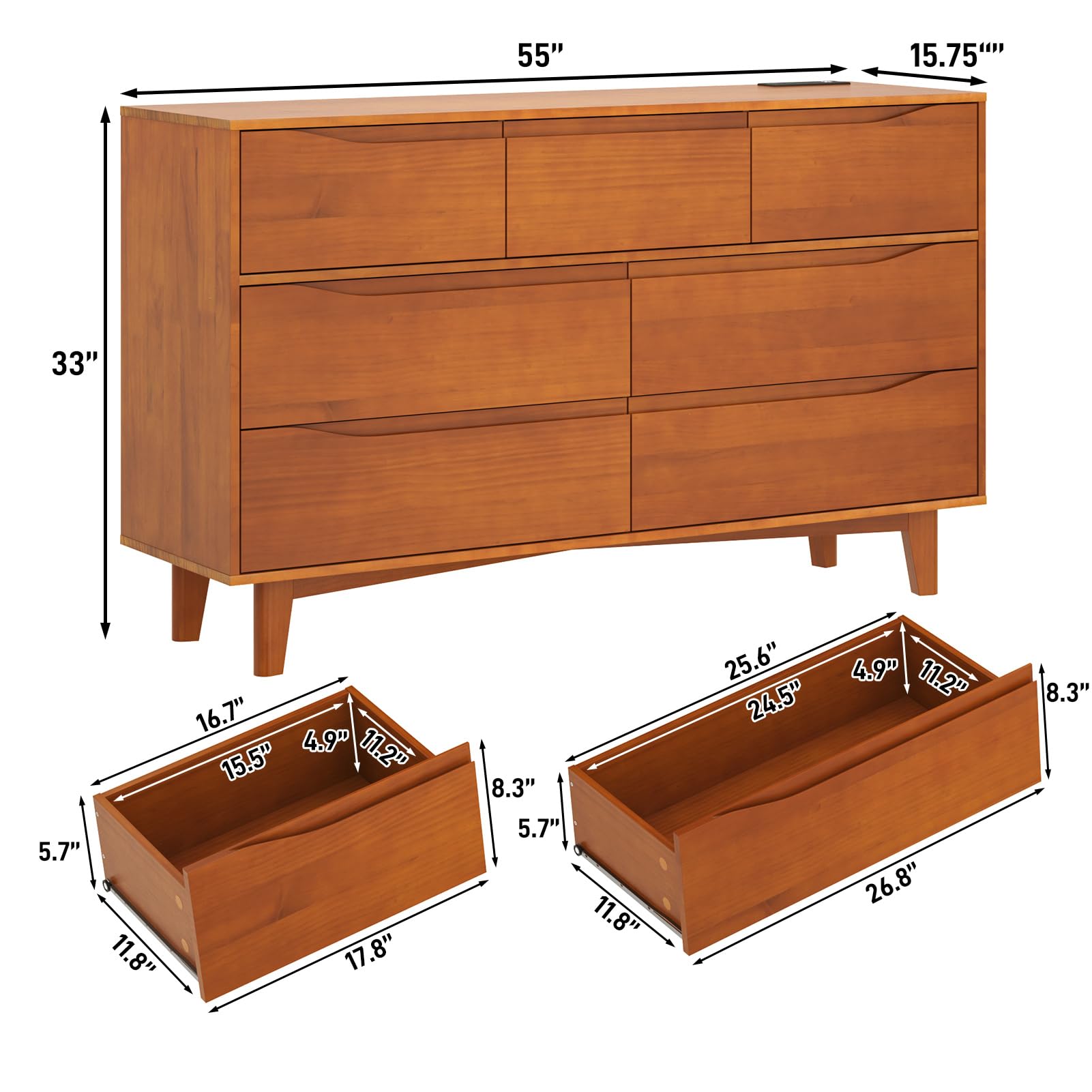7 Drawer Dresser for Bedroom, 55” Wide Solid Wood Dresser with Power Outlet, Mid-Century Modern Chest with Solid Wooden, Large Wood Storage Organizer,Wood TV Stand for Bedroom, Living Room,Caramel