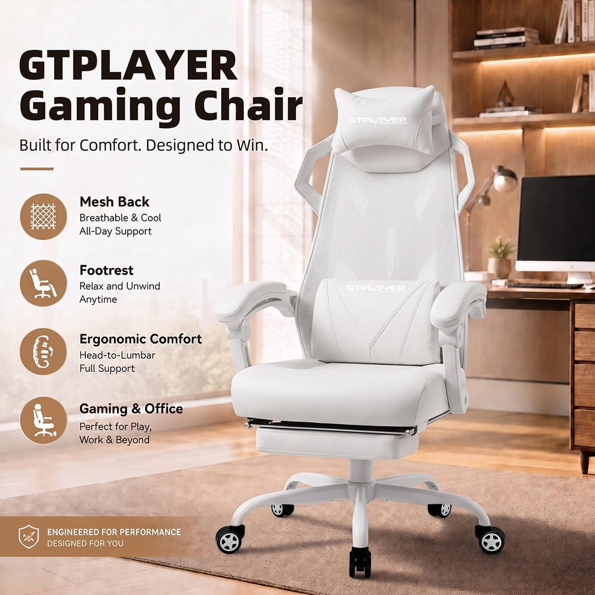 GTPLAYER Office Gaming Chair, Ergonomic Mesh Desk Chair W/Footrest for Adults, WT