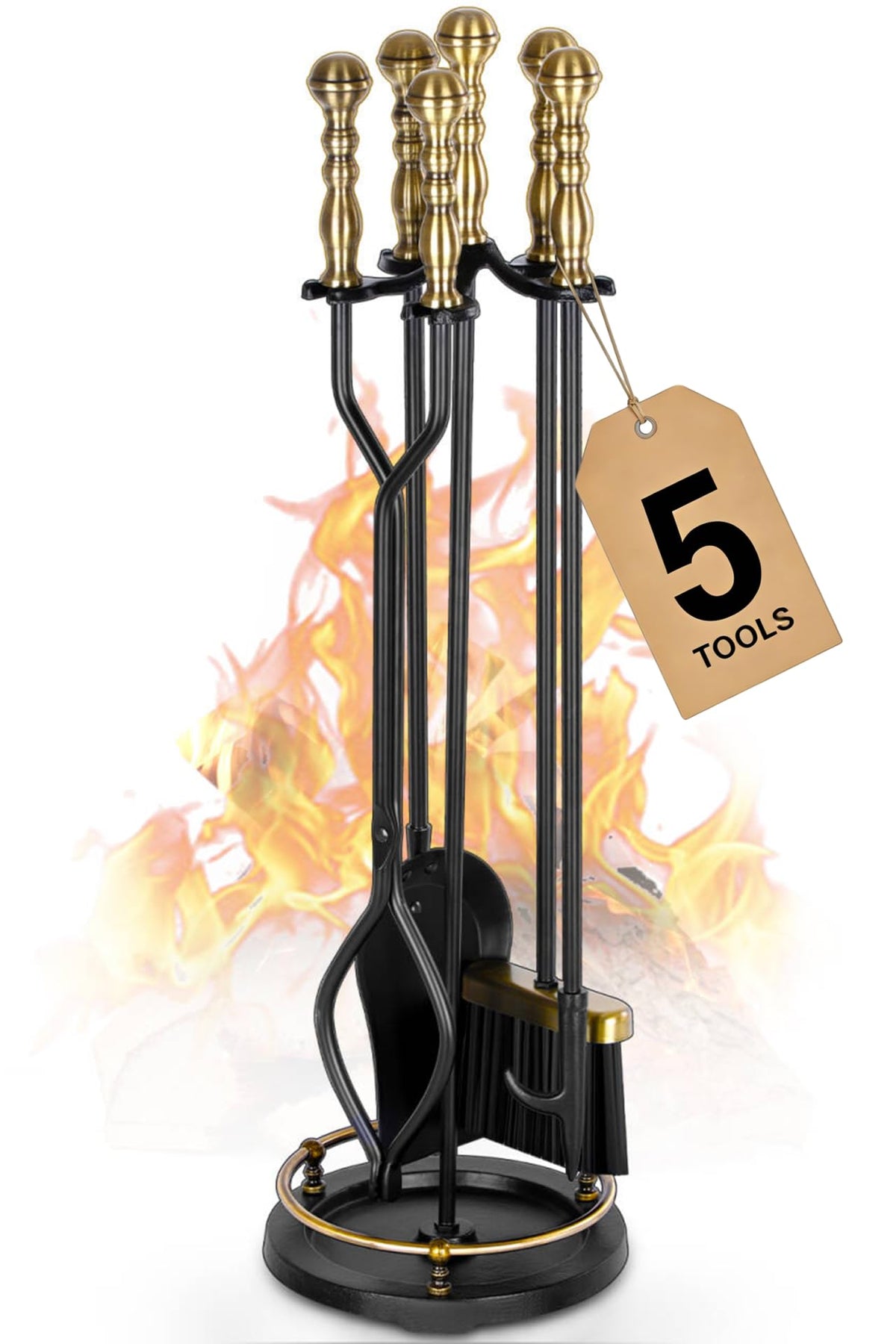 Gtongoko Fireplace Tools Set 5 Pcs Wrought Iron Large Fire Tool Set with Brass Handles for Outdoor/Indoor, Fireplace Accessories Set Included Poker, Tong, Shovel, Brush