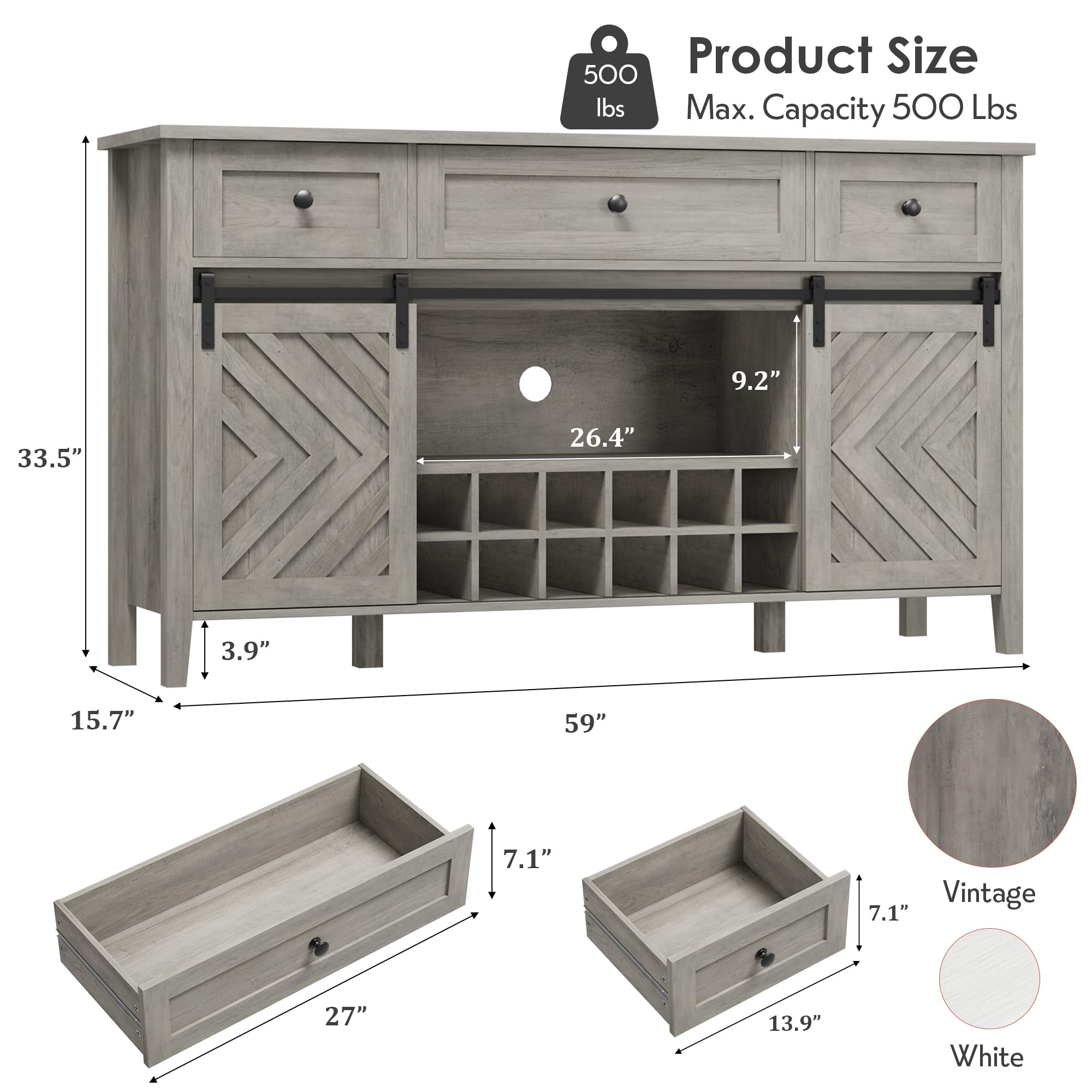 CABIHOME Farmhouse 47.2'' Buffet Cabinet with Sliding Barn Door, 33.4'' Tall Wood Rustic Sideboard with 3 Drawer, Adjustable Shelf and Removable Wine Rack (Vintage, 59'')