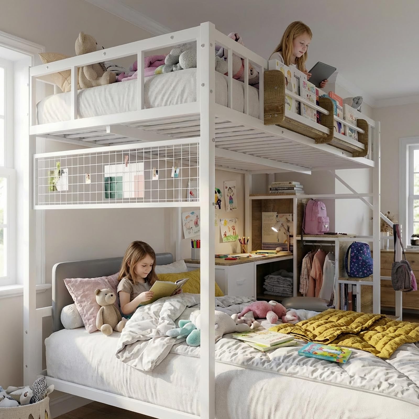 L-Shaped Loft Bunk Bed with Desk & Storage